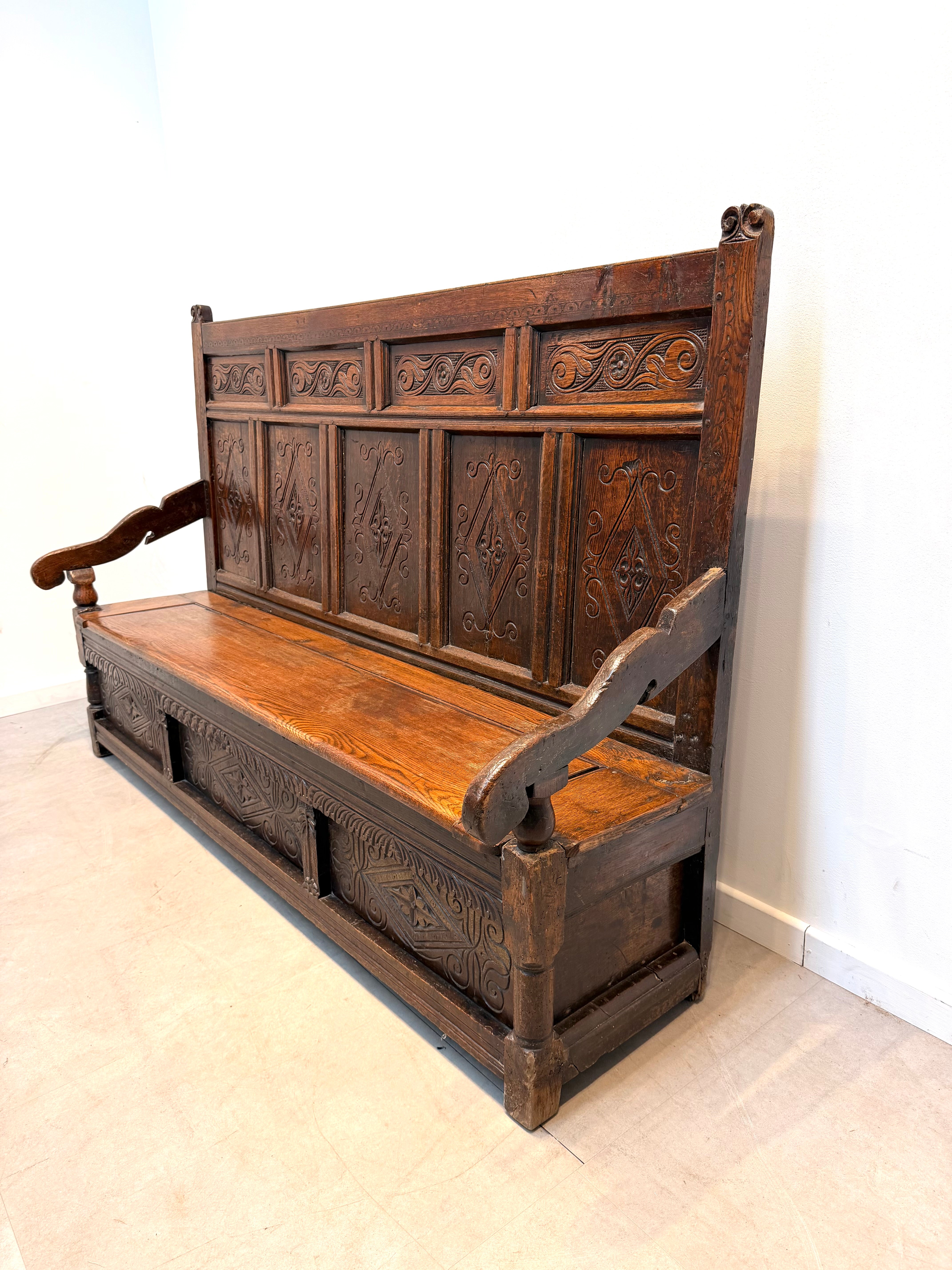 Antique Carved Oak Monks Bench with Storage Chest