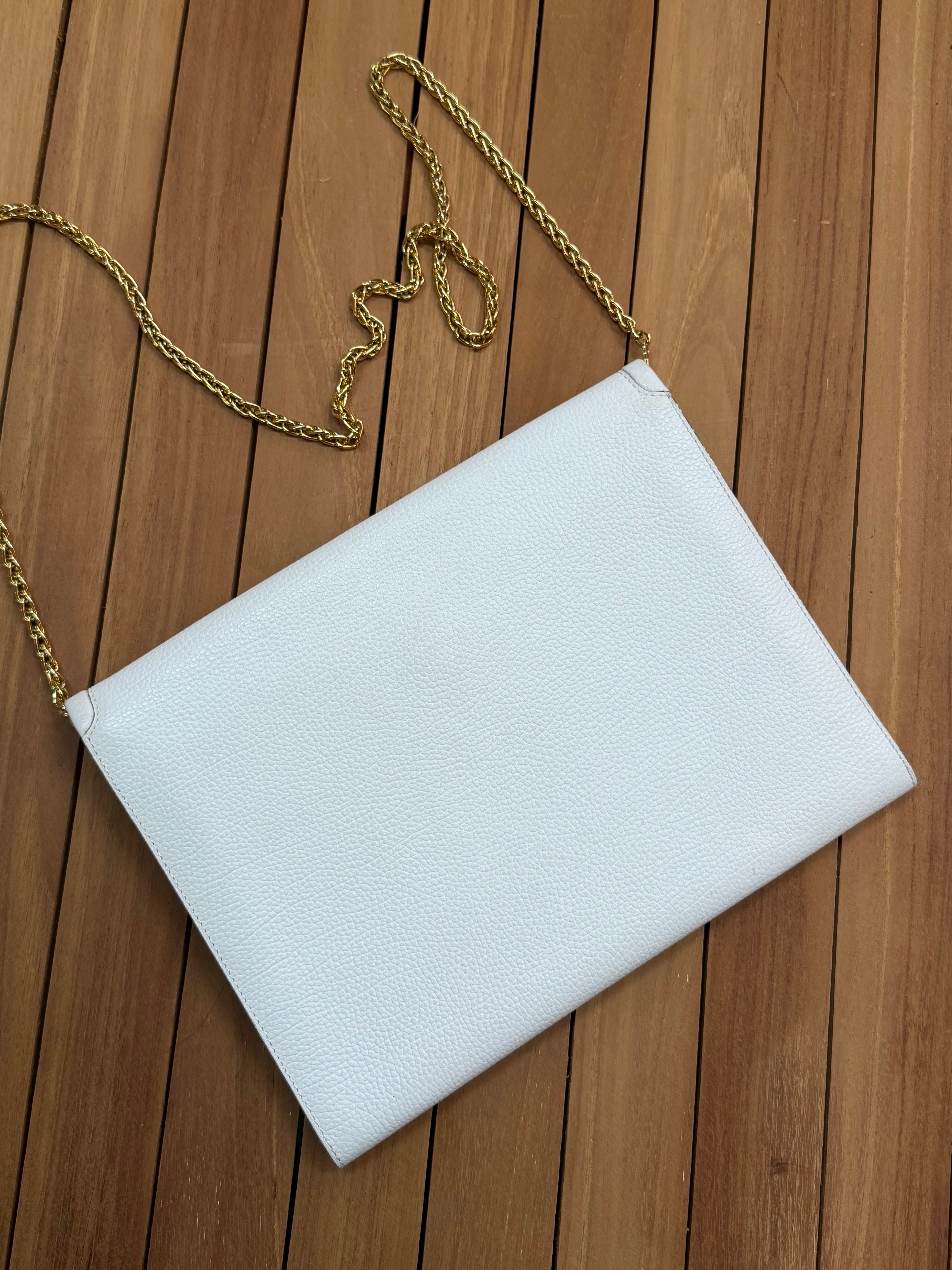 Vintage Delvaux White Leather Clutch Bag with Chain Strap