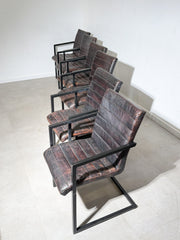 Set of 6 Industrial Dining Chairs Patinated Leather – Black Metal Armchairs