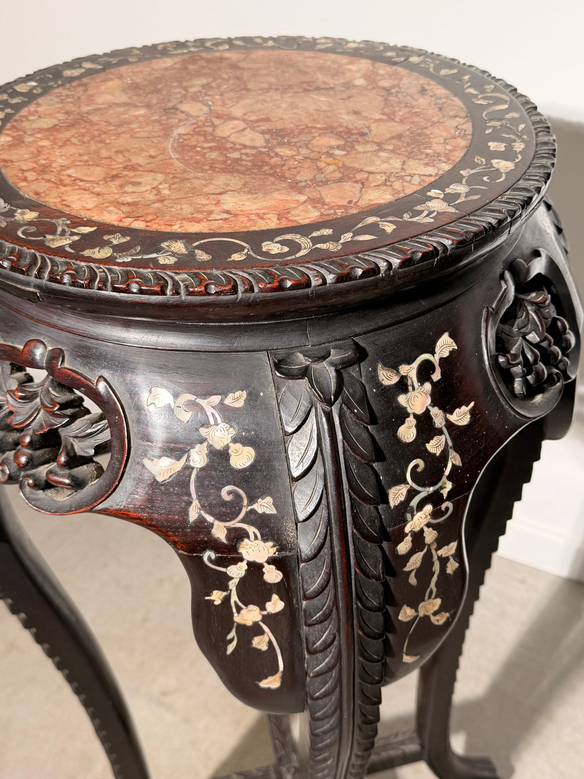 Antique Chinese Carved Hardwood Plant Stand with Marble Top