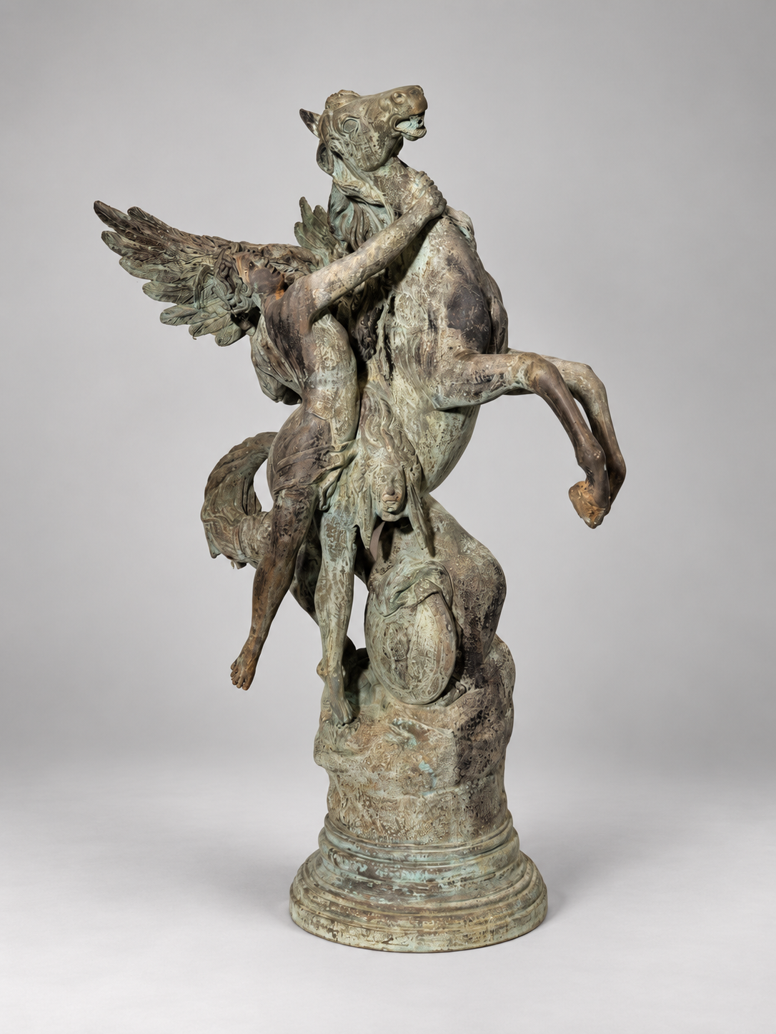 Large Patinated Bronze Pegasus & Winged Figure Sculpture