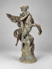 Large Patinated Bronze Pegasus & Winged Figure Sculpture