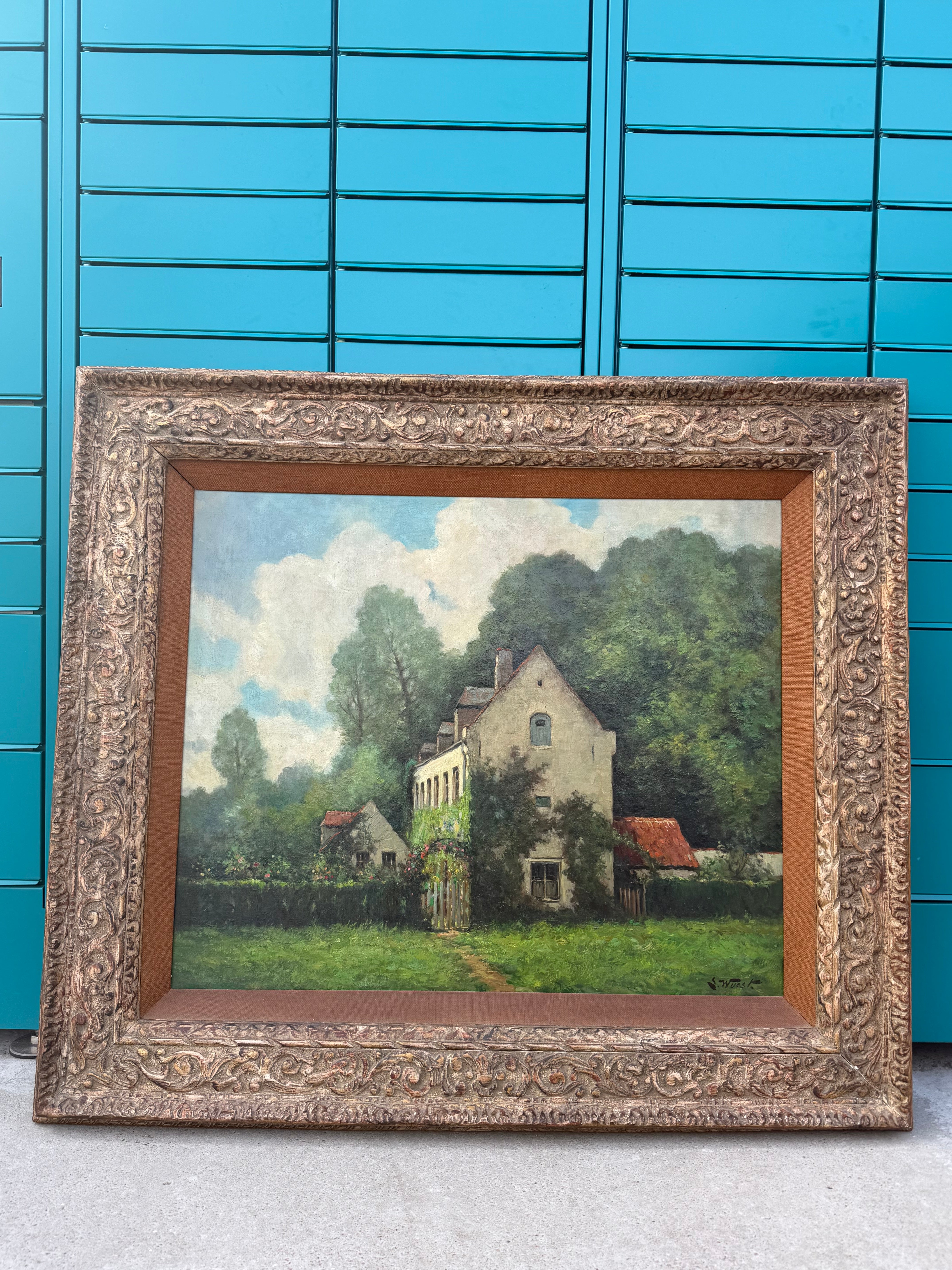Antique Oil on Canvas Painting by Wuest – Countryside House Scene – 110 x 96 cm