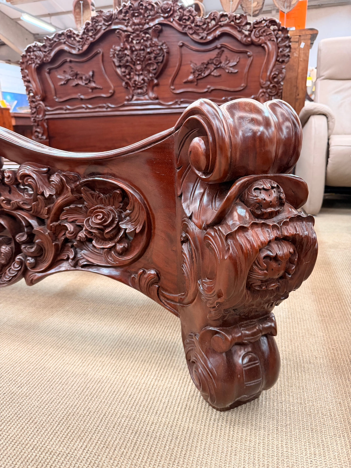 Ornately Carved Baroque Revival King Size Bed with Matching Nightstands