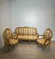 Antique French Louis XVI Style Salon Set + Marble Coffee Table