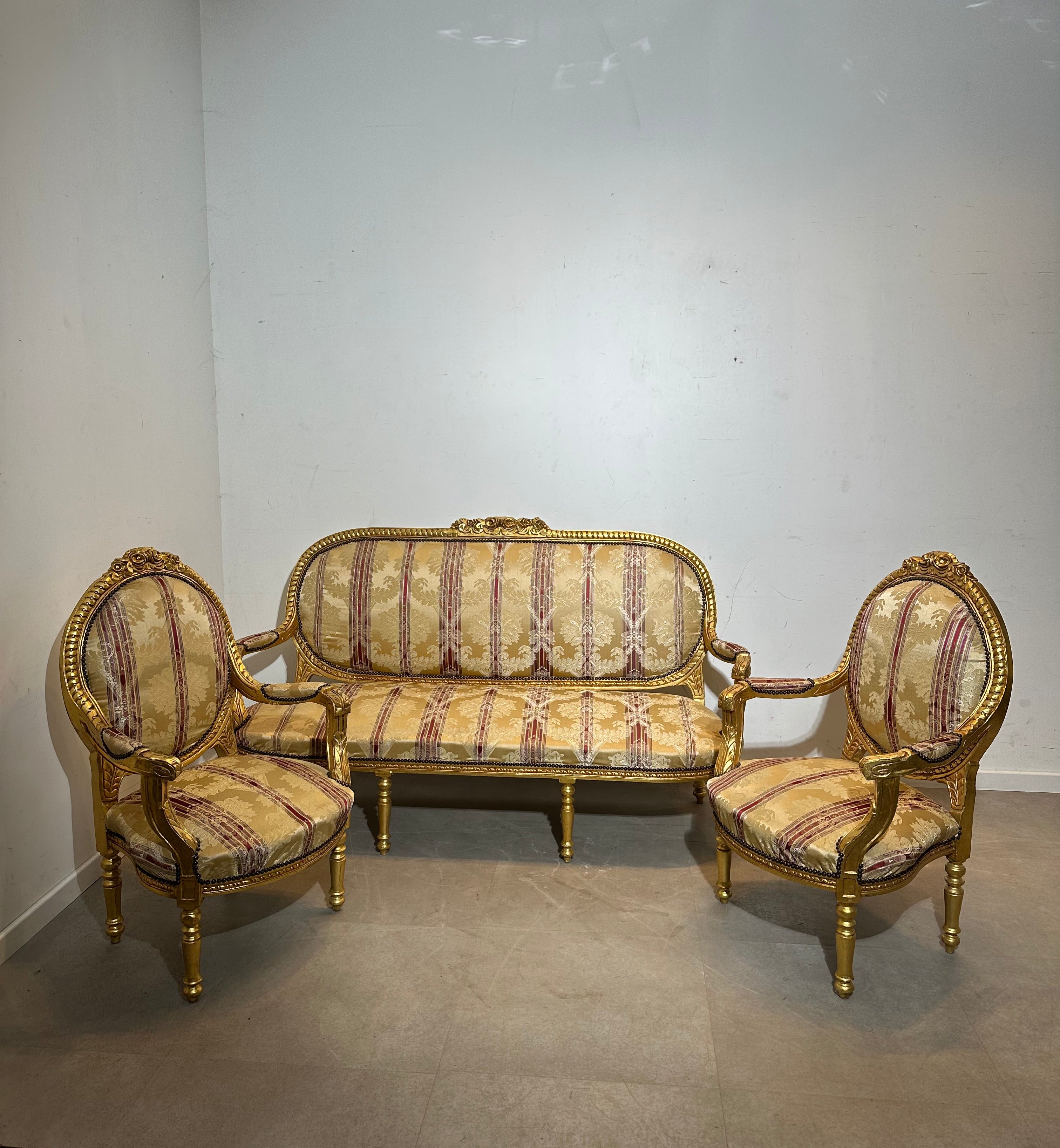 Antique French Louis XVI Style Salon Set + Marble Coffee Table