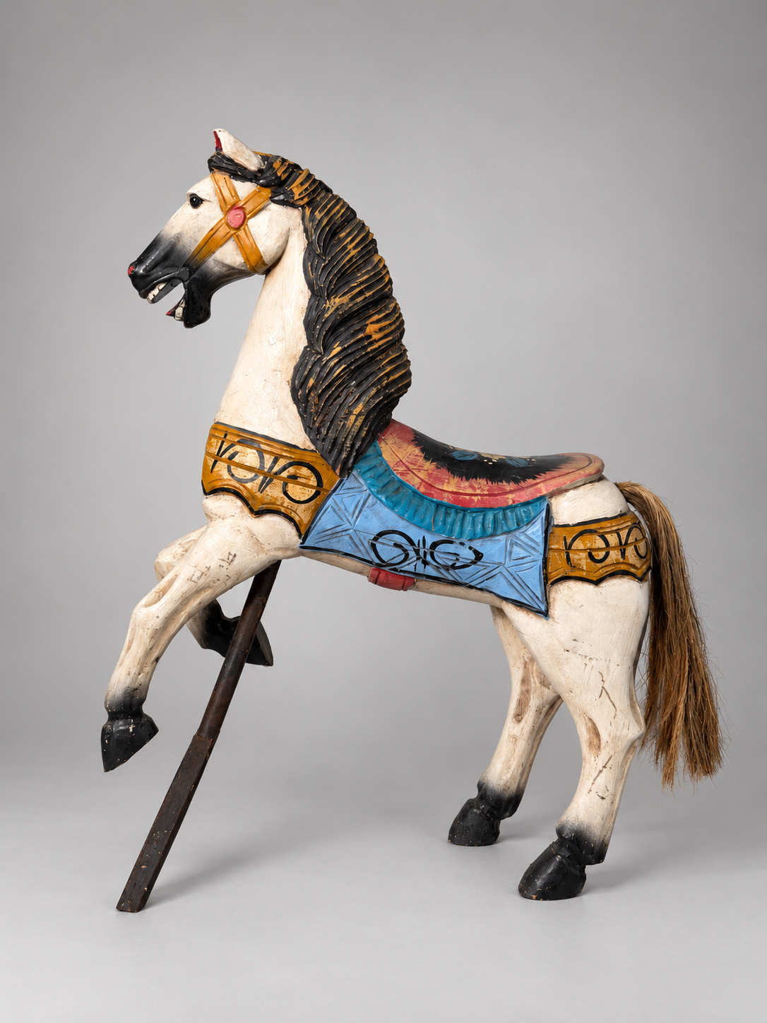 Vintage Hand-Painted Wooden Carousel Horse on Metal Stand