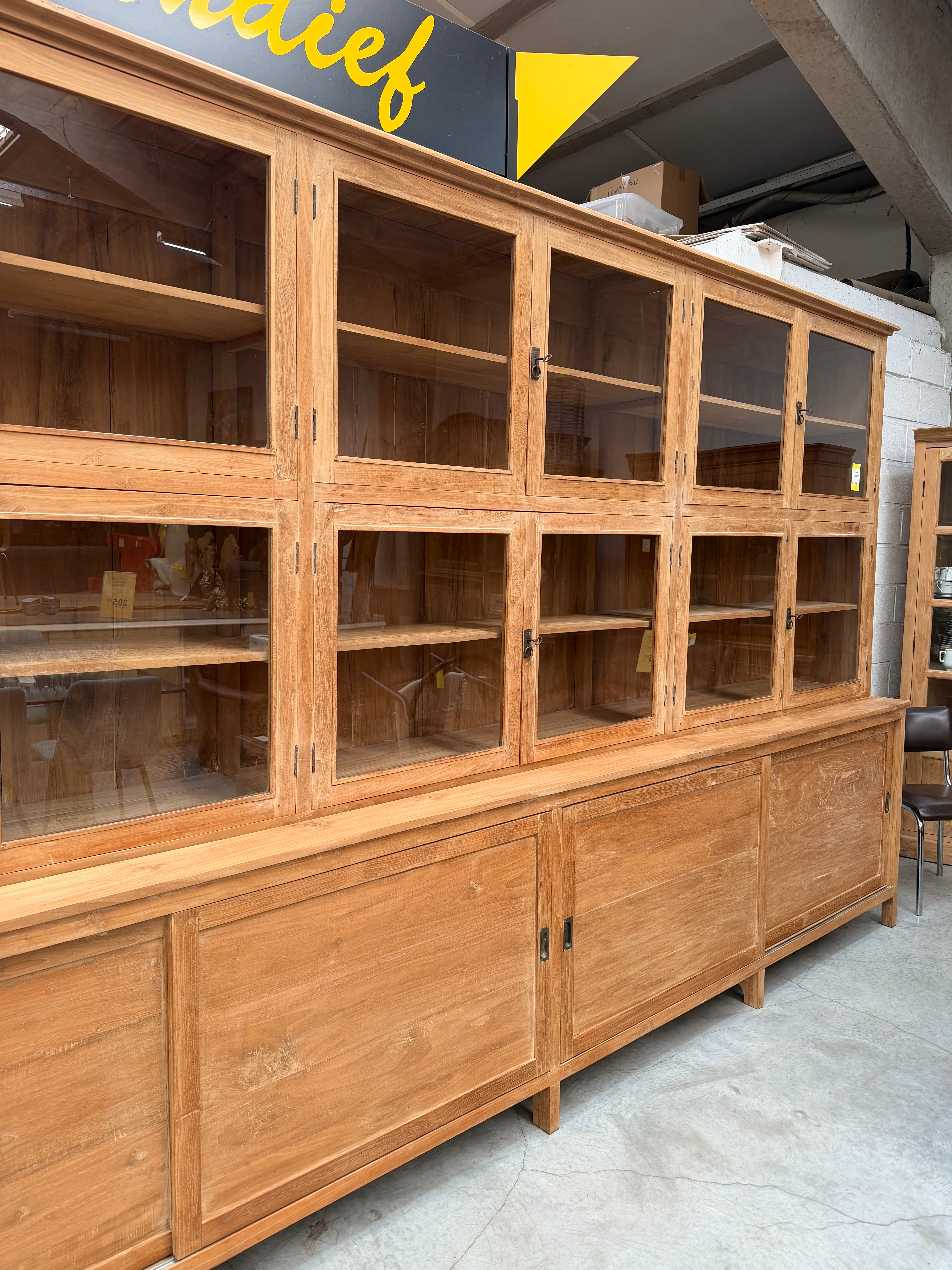 XL Massive Teakwood Display Cabinet – 405 cm – Two-Piece Library Cabinet – Glass Doors