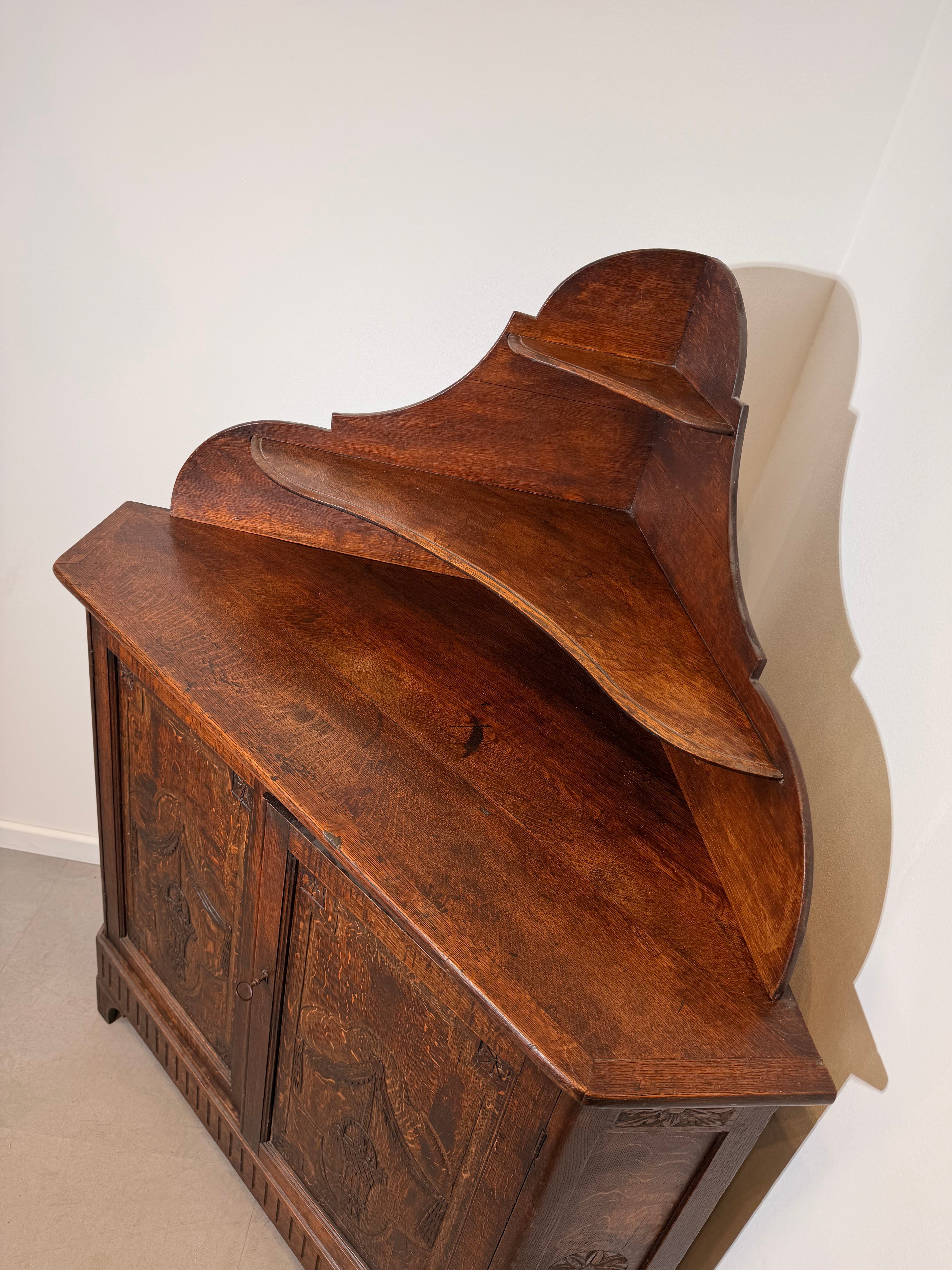 Antique Carved Oak Corner Cabinet with Shelved Top