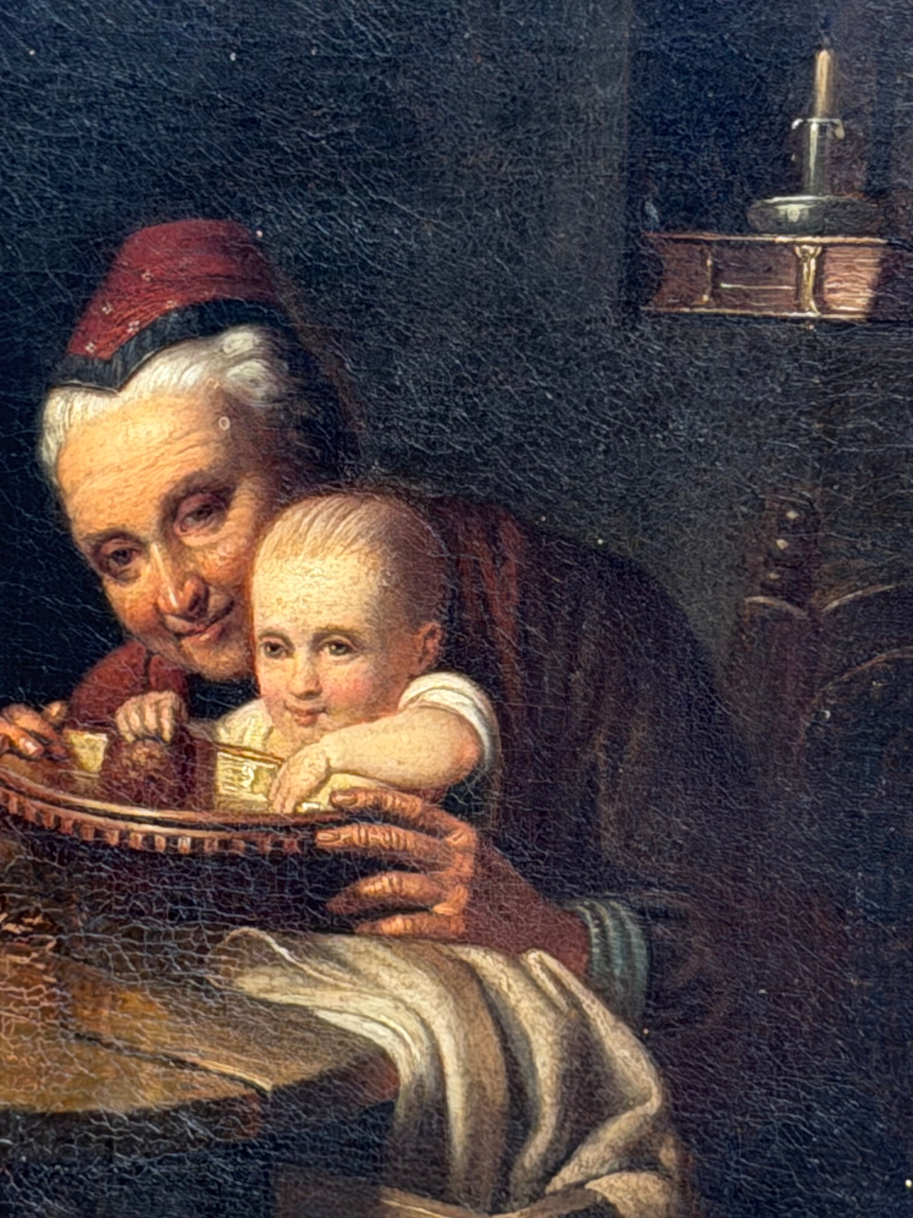 Antique 19th Century Genre Painting – Grandmother & Child – Oil on Canvas