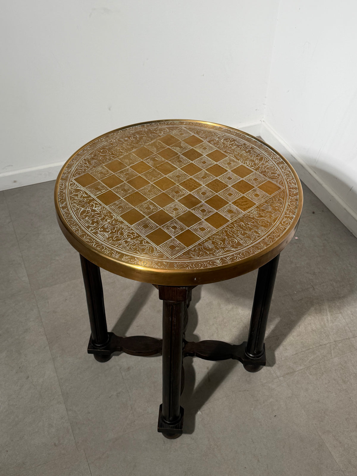 Round Chessboard Side Table with Decorative Copper Top