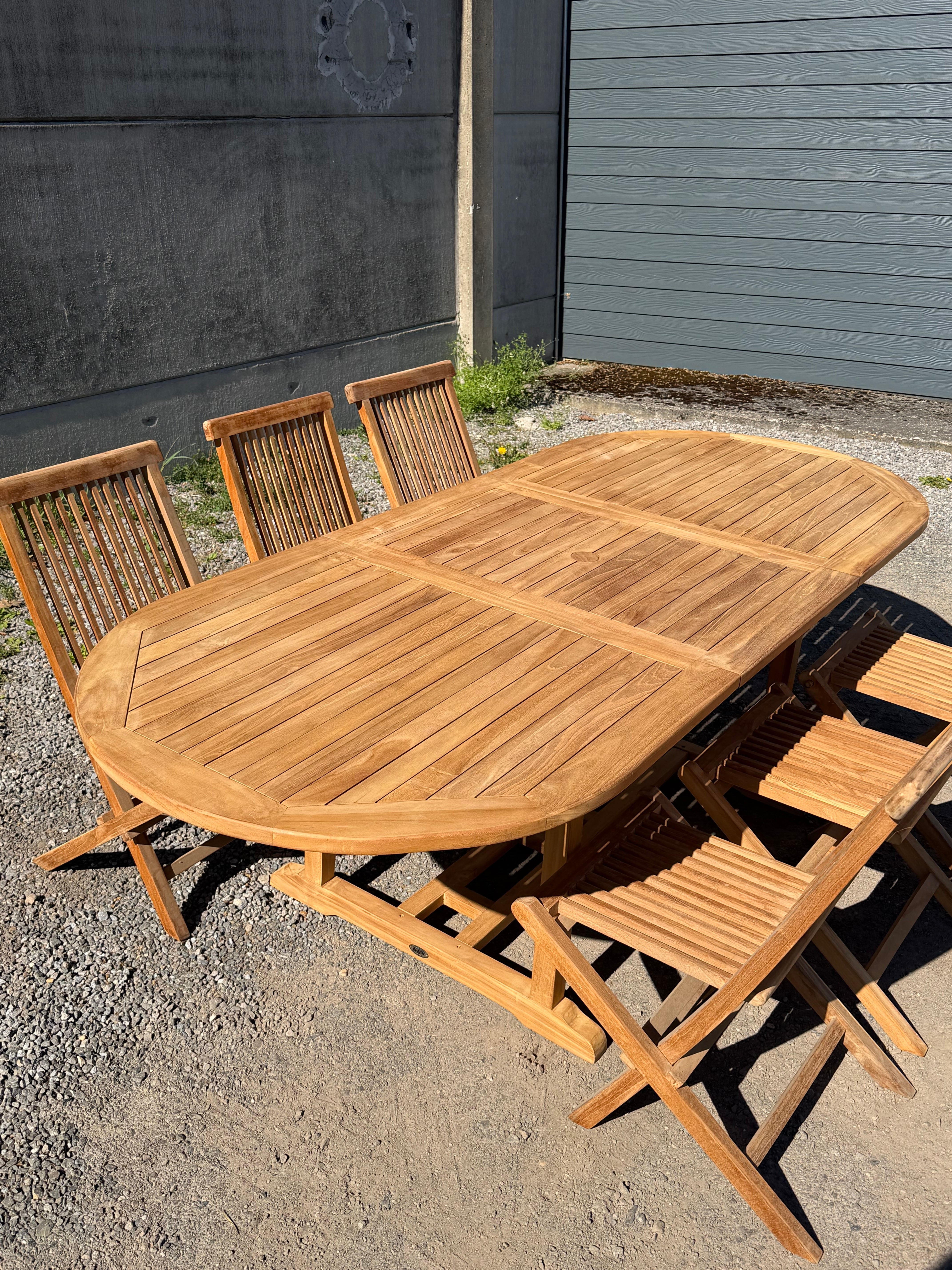 Teak Garden Table Oval Extendable + 6 Folding Chairs – Promo Set