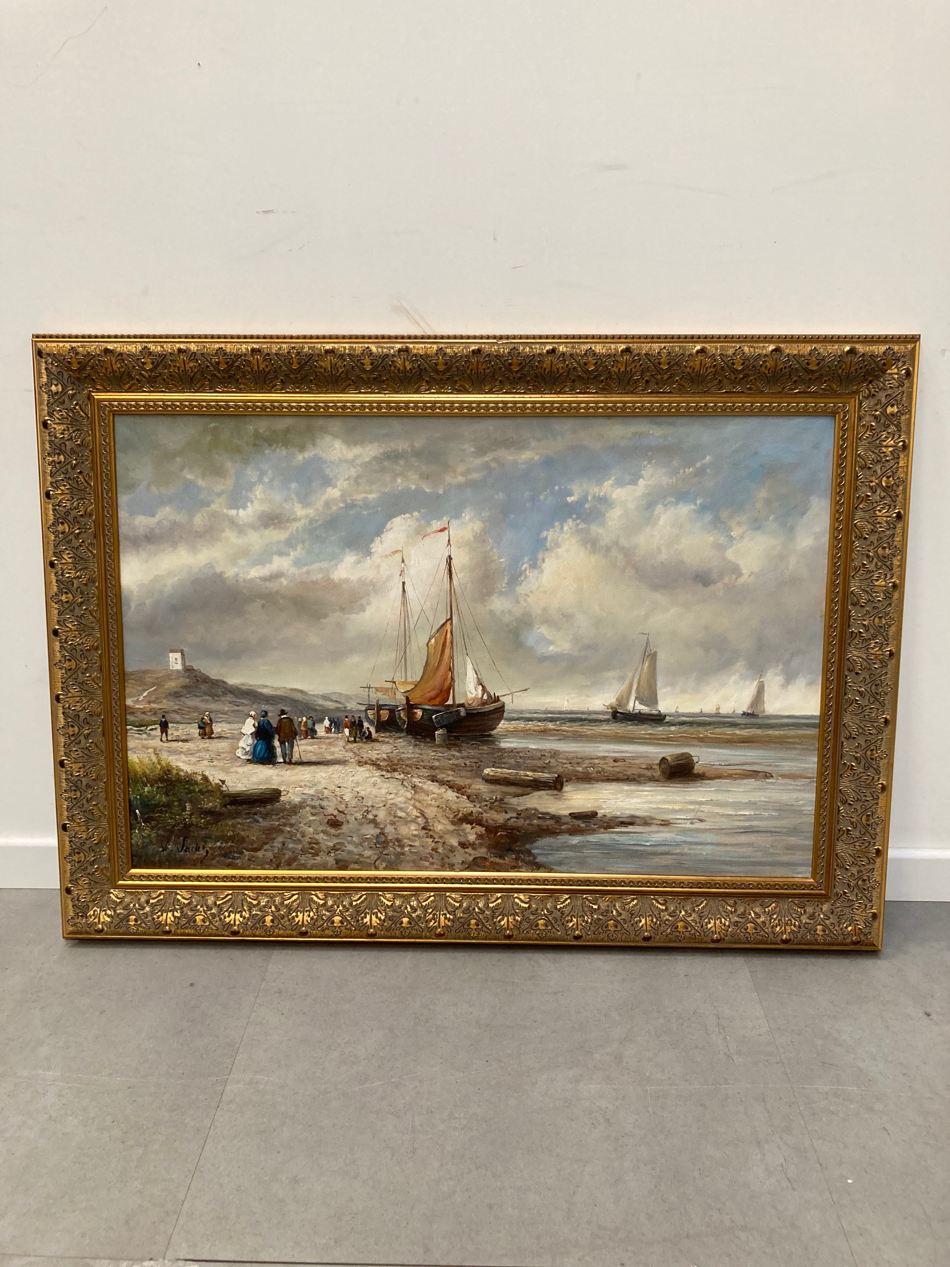 Oil On Canvas Beach Scene / Beautiful Frame