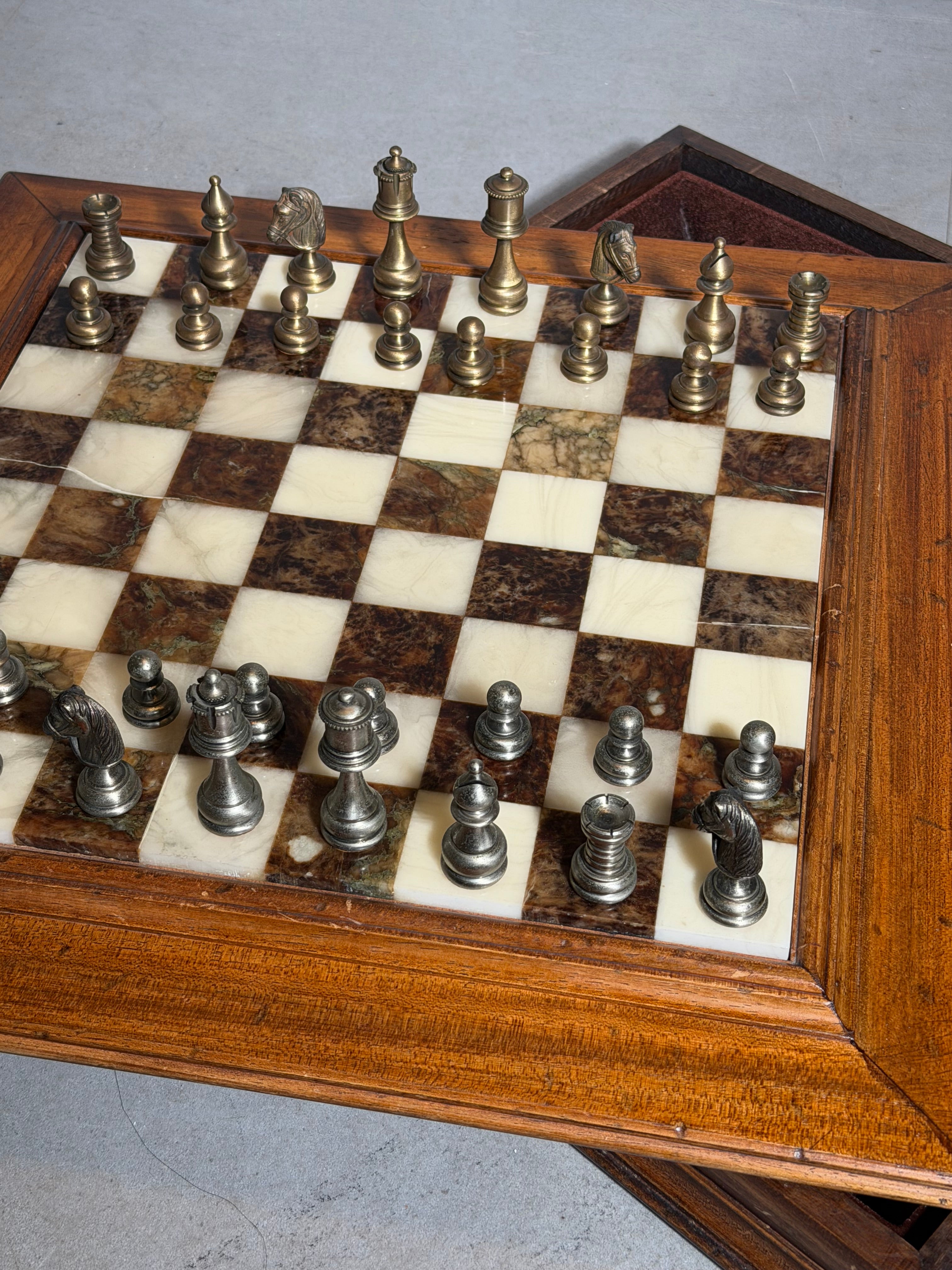 Vintage Marble Chess Set with Metal Pieces & Hidden Storage