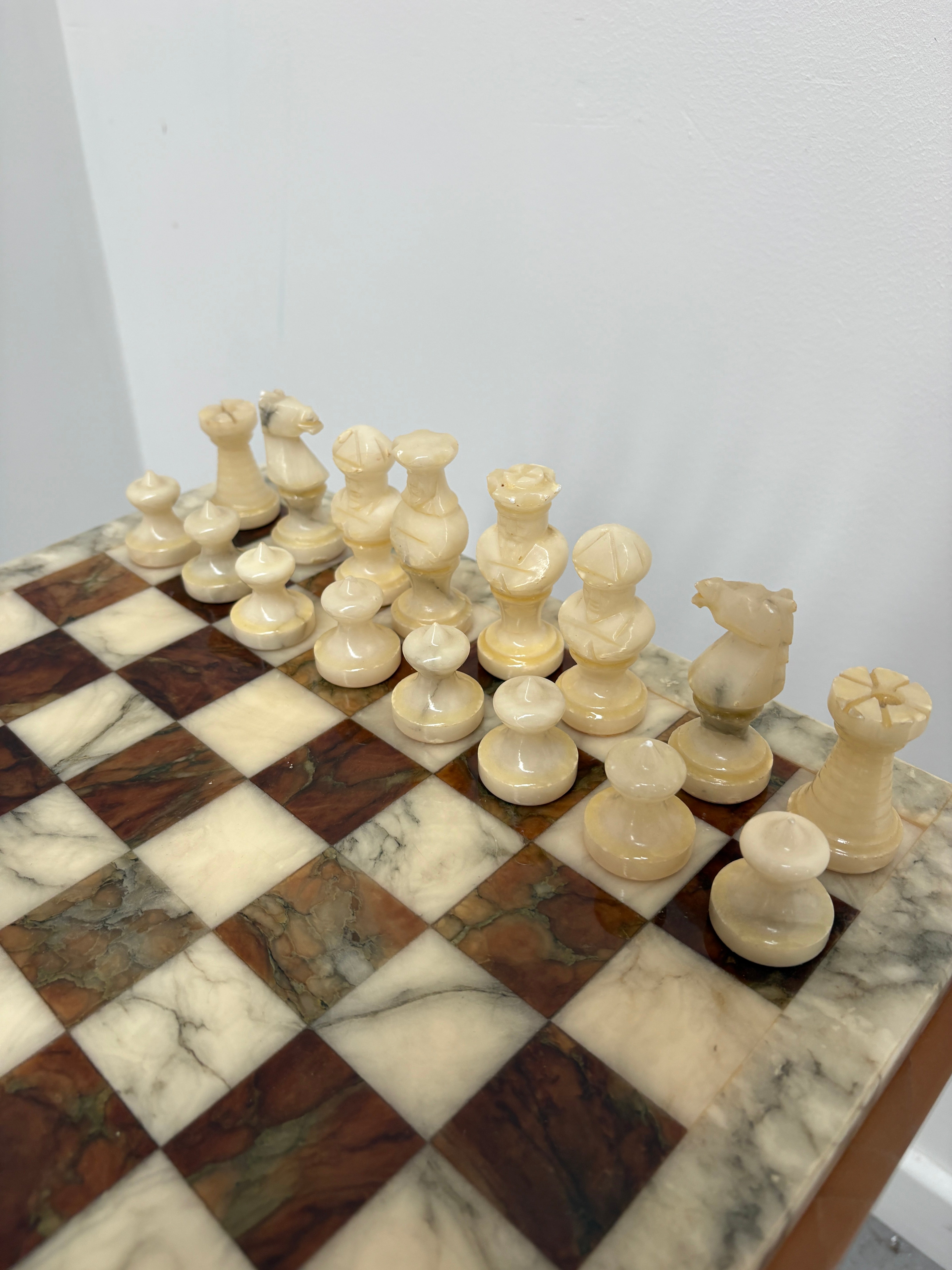 Vintage Marble Chess Set on Marble Pedestal Stand