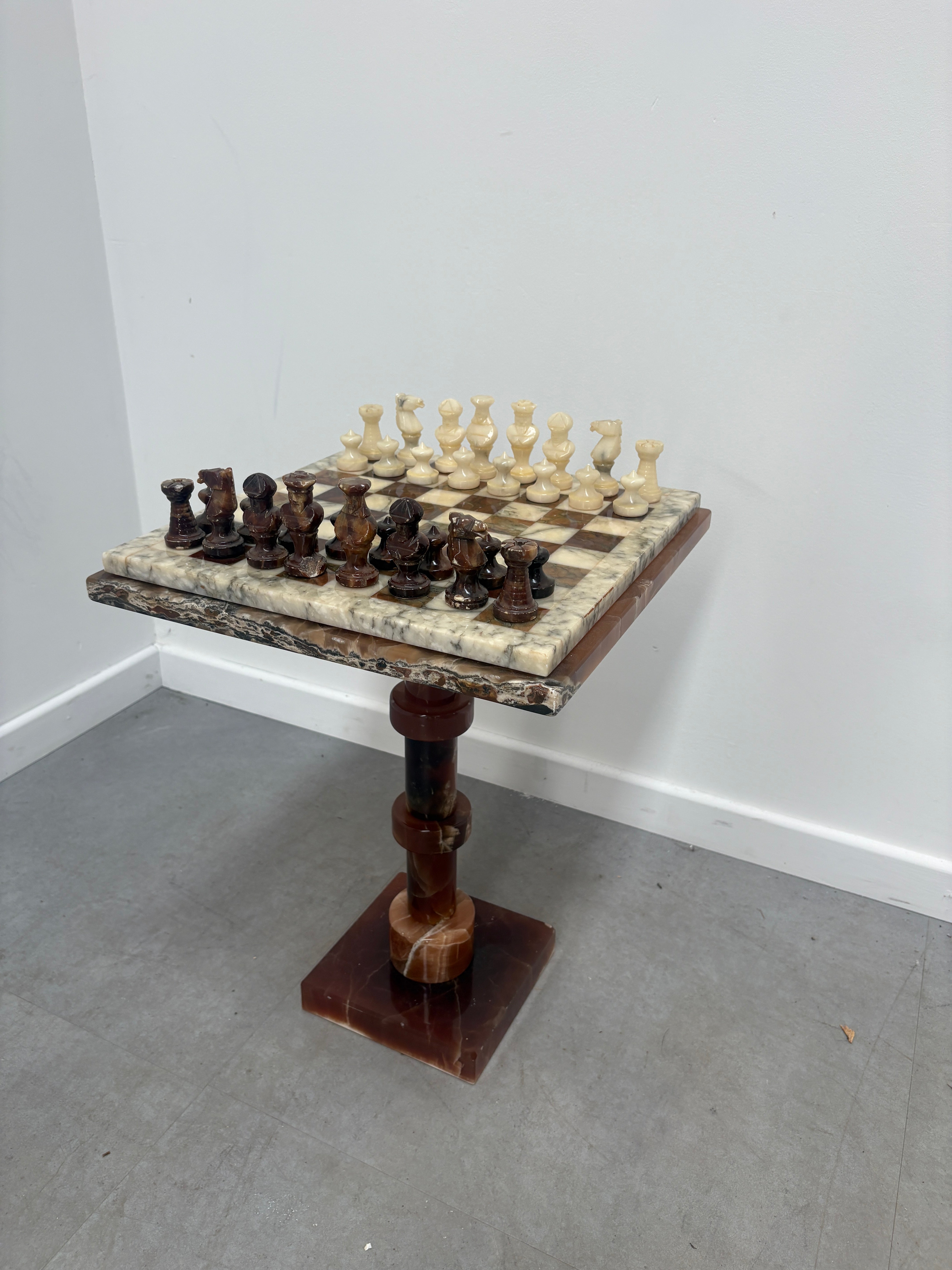 Vintage Marble Chess Set on Marble Pedestal Stand