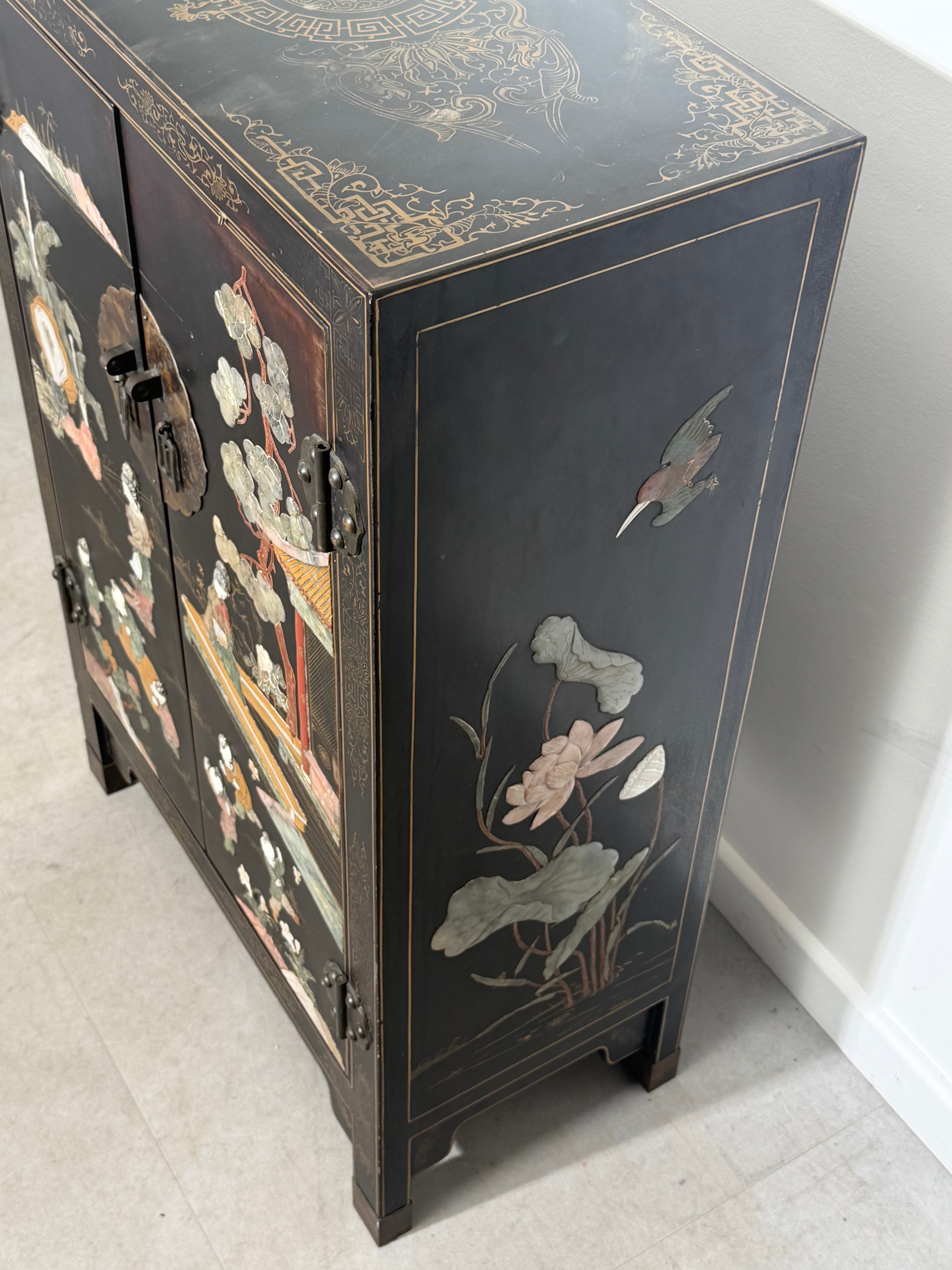 Chinese Oriental Side Cabinet with Hand-Painted Lacquer Decoration