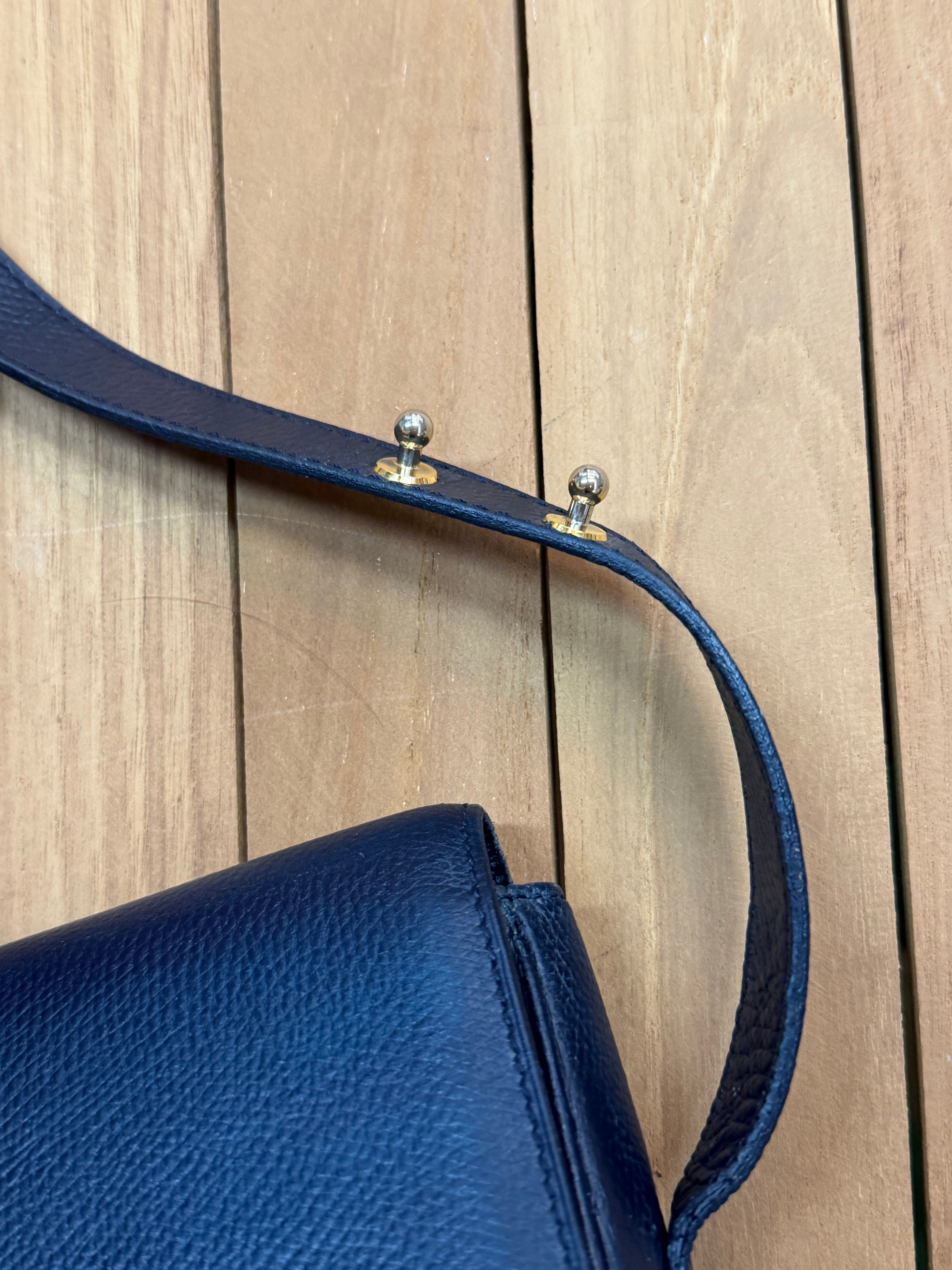Vintage Delvaux “Poirier” Shoulder Bag – Navy Blue Leather with Mirror & Dust Bag