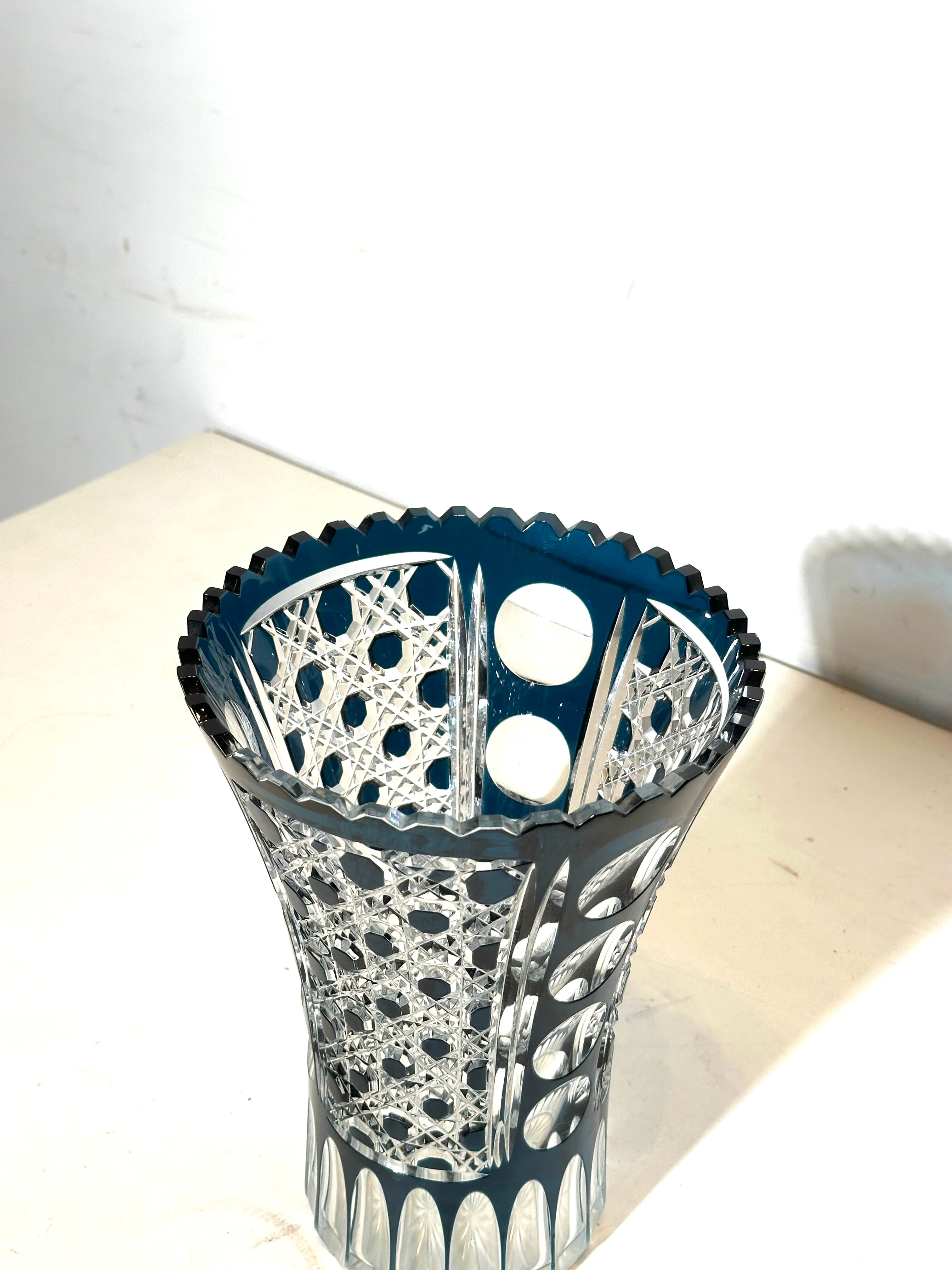 Val Saint Lambert Crystal Vase – Blue Overlay