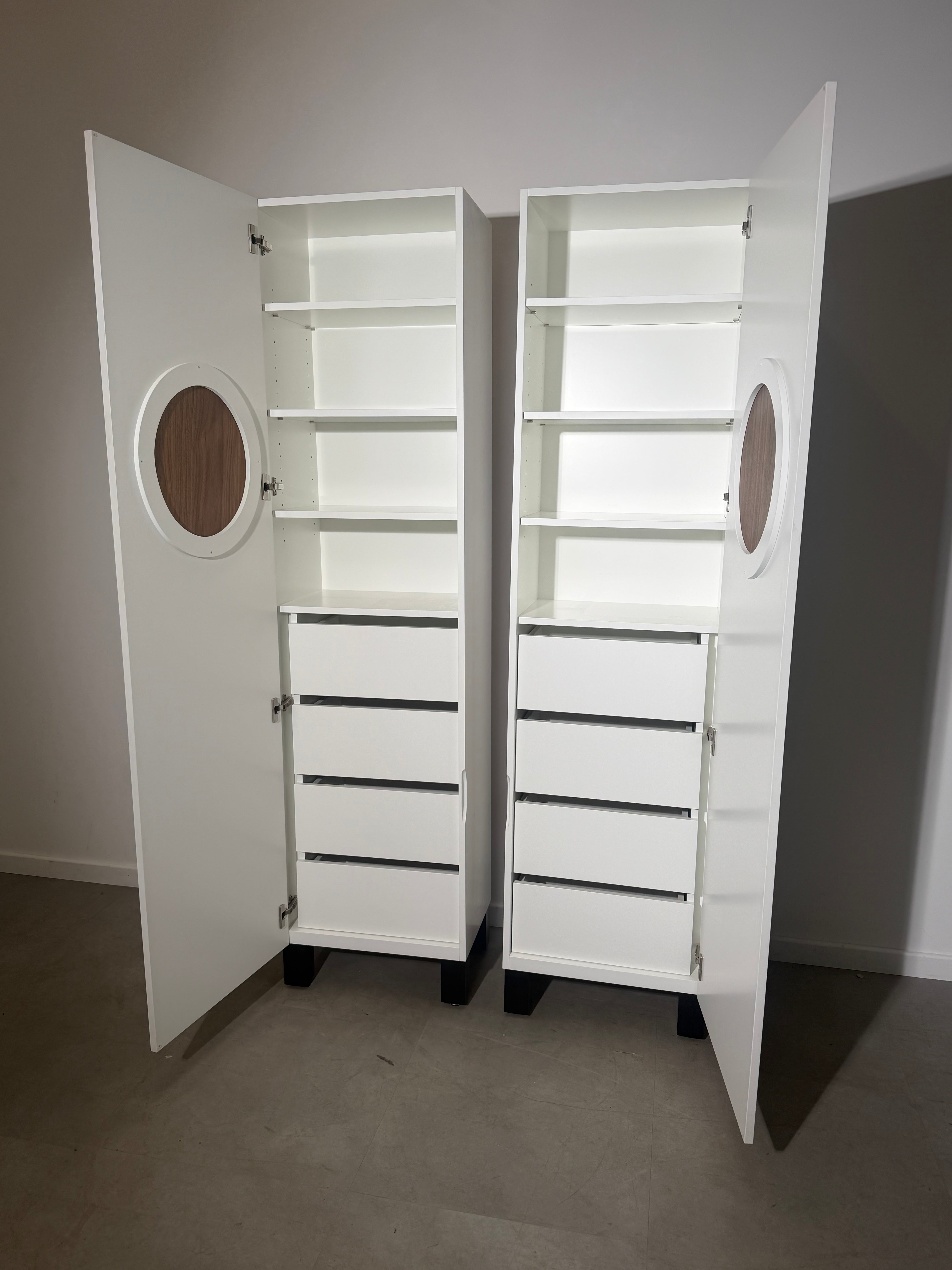 Pair of Contemporary White Wardrobes with Walnut Circular Detail