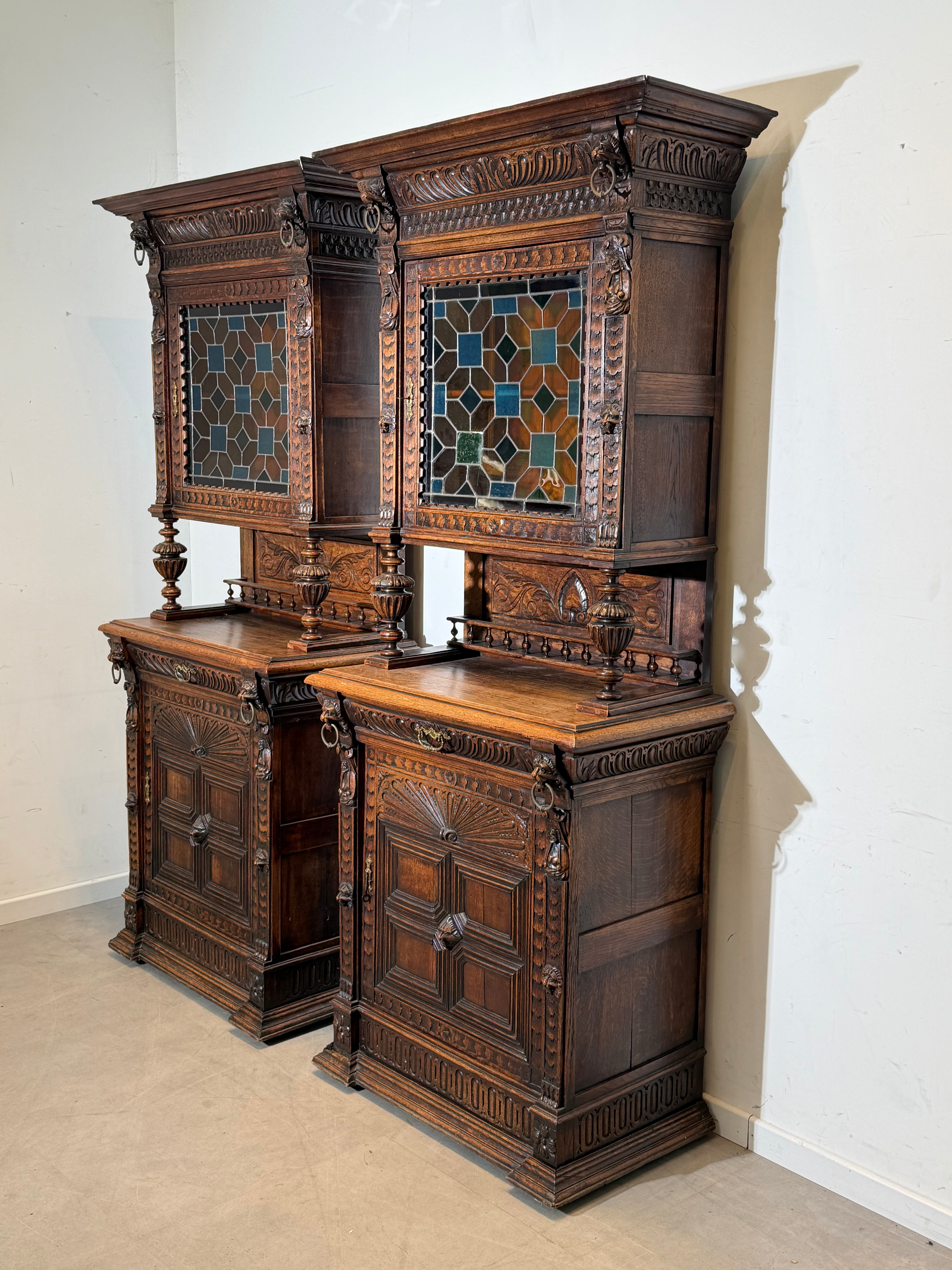 Pair Of Antique Neo-Renaissance Oak Display Cabinets with Stained Glass