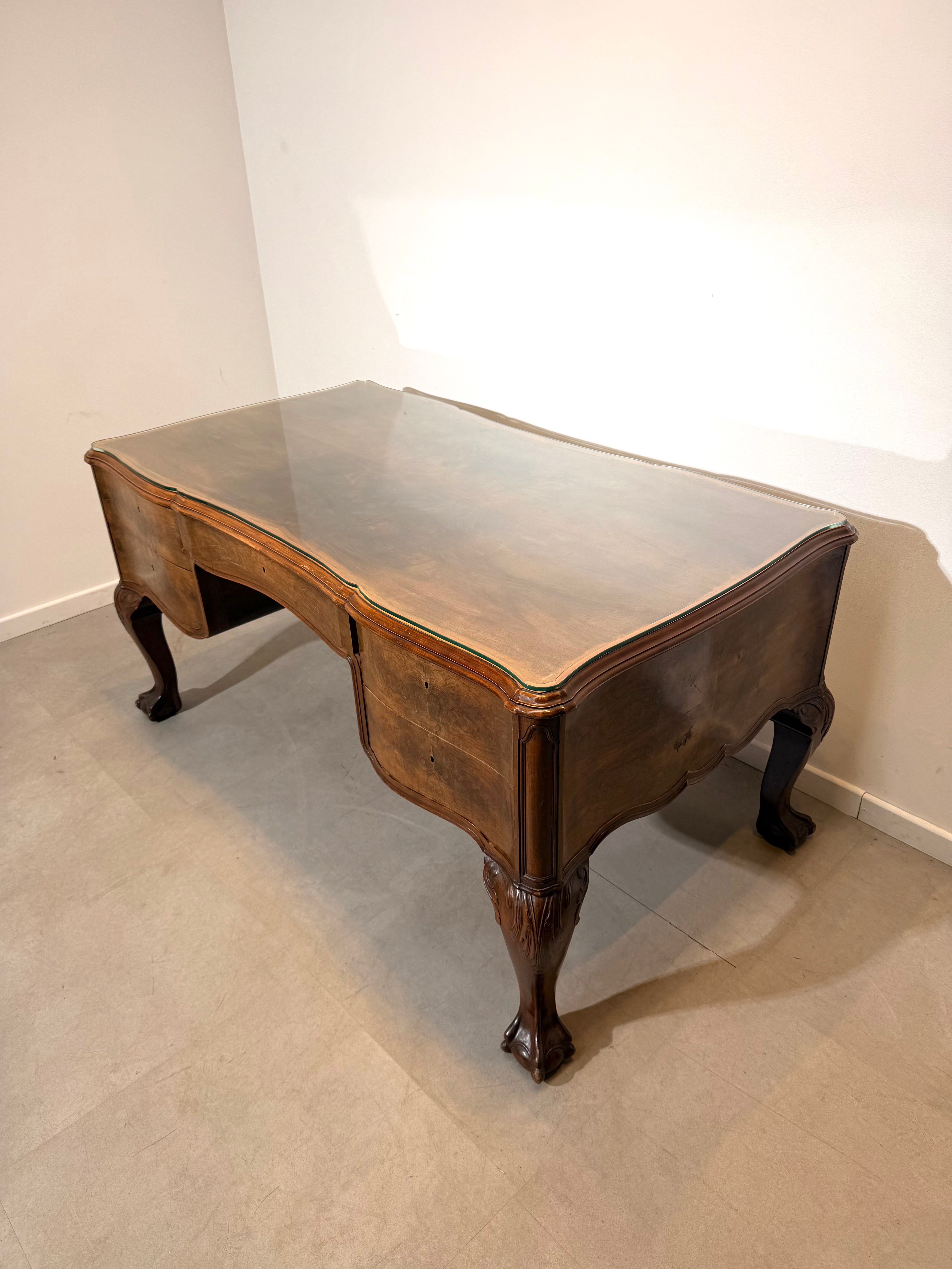 Antique Burr Walnut Partner’s Desk with Glass Top "chippendale"