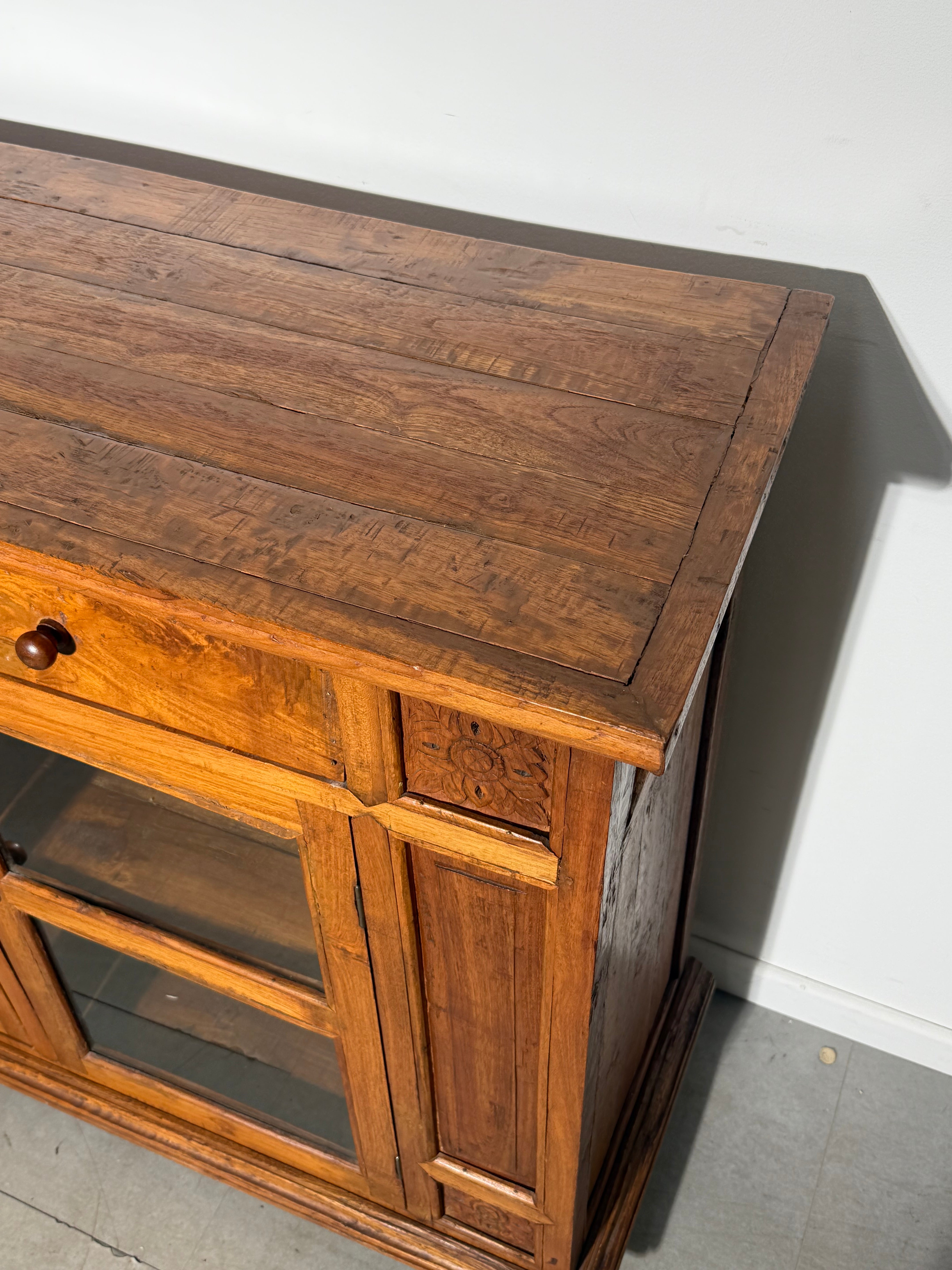 Antique Rustic Teak Display Cabinet / Sideboard with Glass Doors