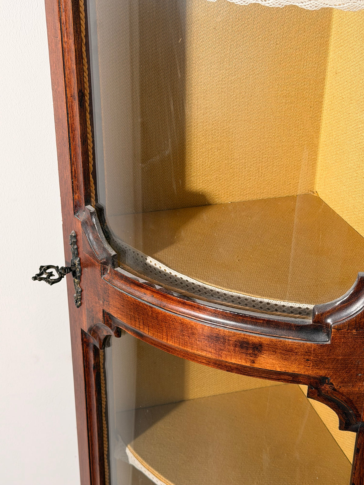 Antique Walnut Corner Display Cabinet with Curved Glass