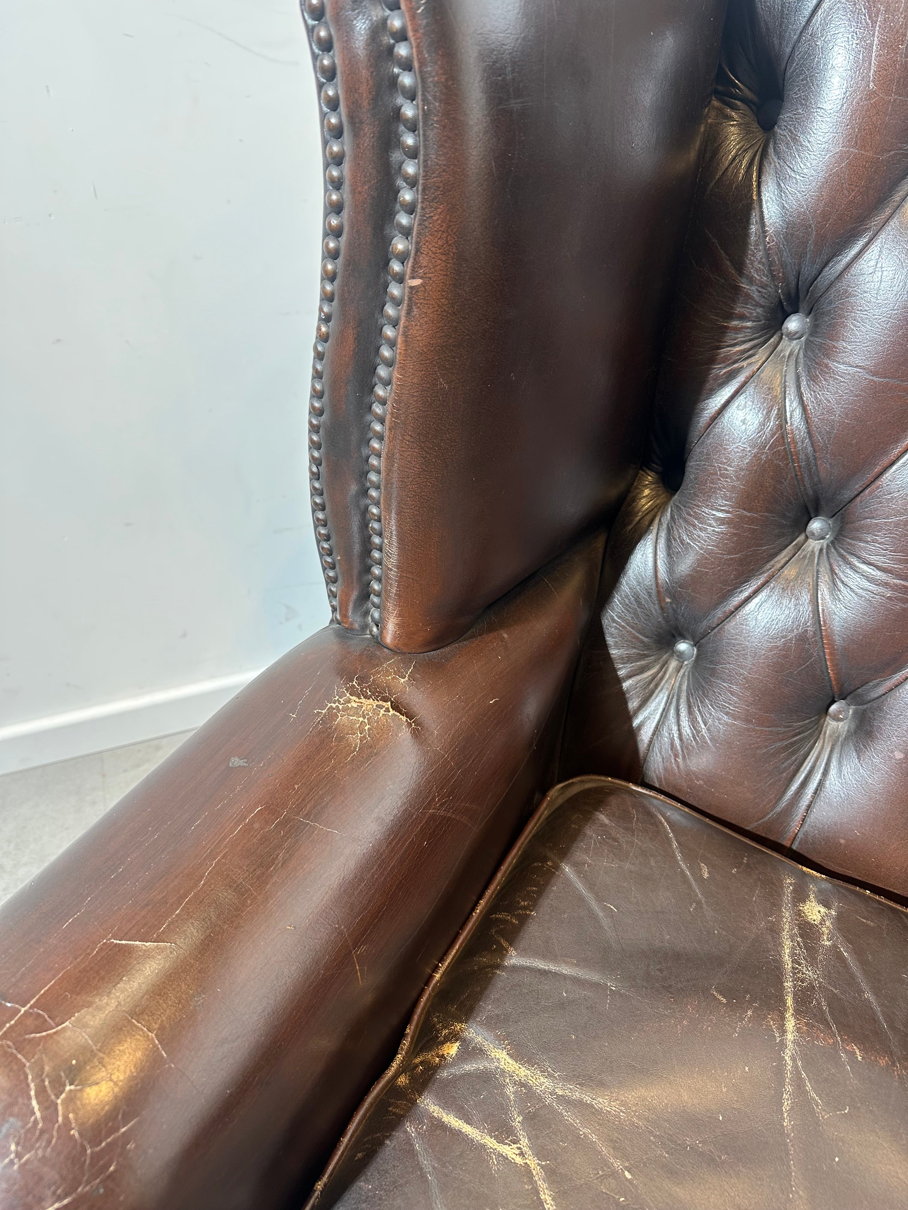 Vintage Brown Leather Wingback Armchair