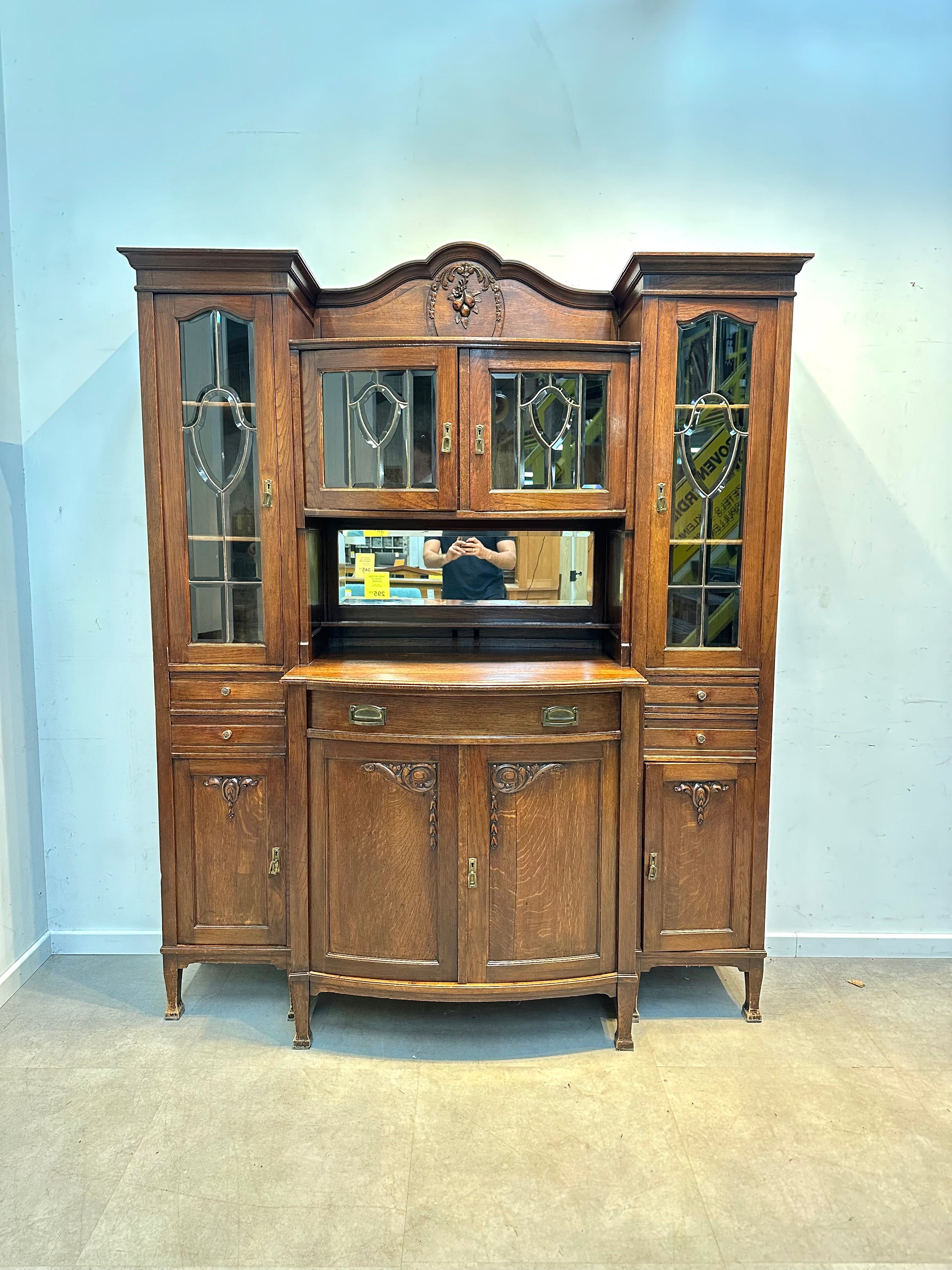 Art Nouveau Oak Buffet with Leaded Glass Doors