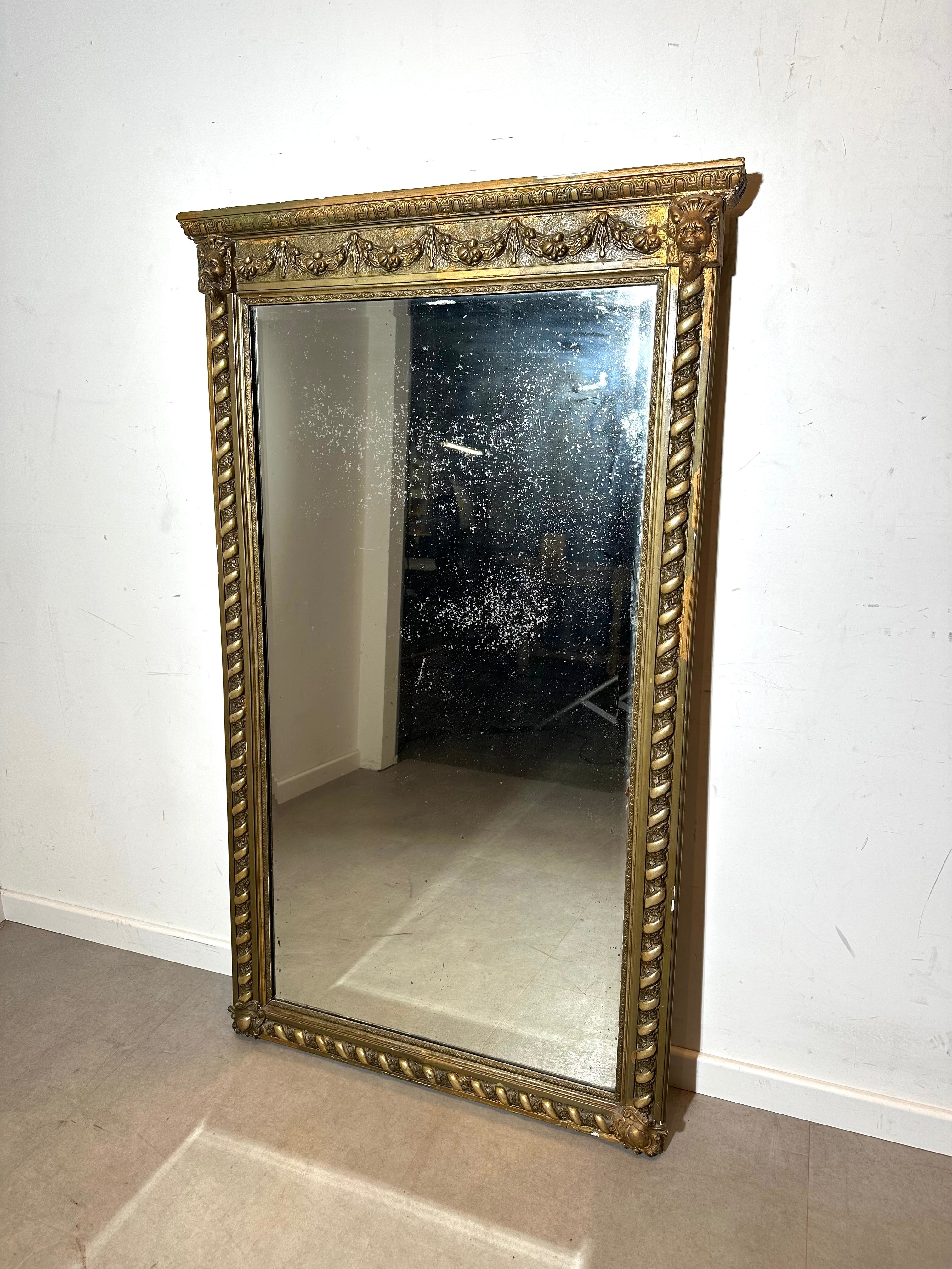 Large Antique Giltwood Mirror with Lion Mask