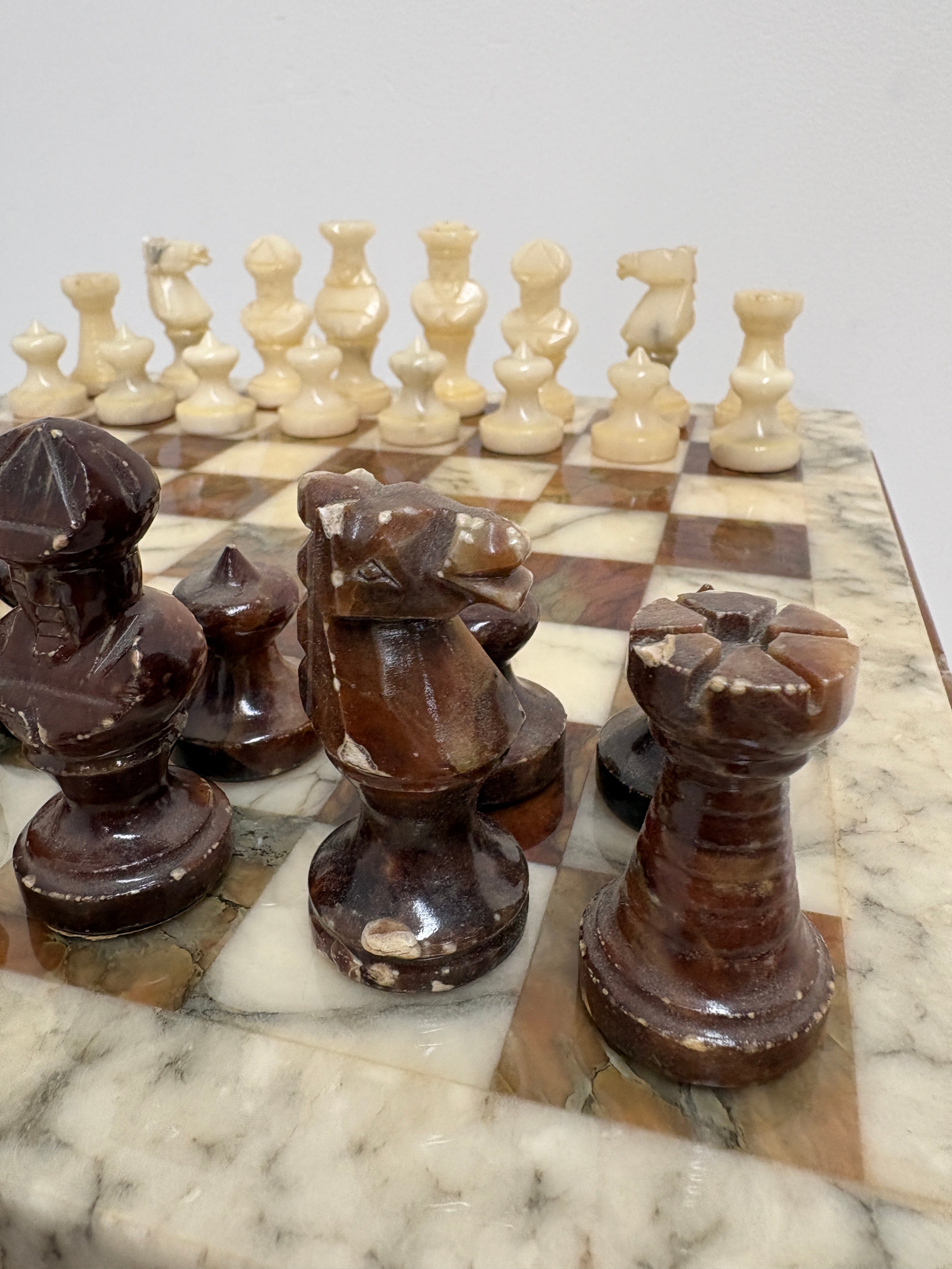 Vintage Marble Chess Set on Marble Pedestal Stand
