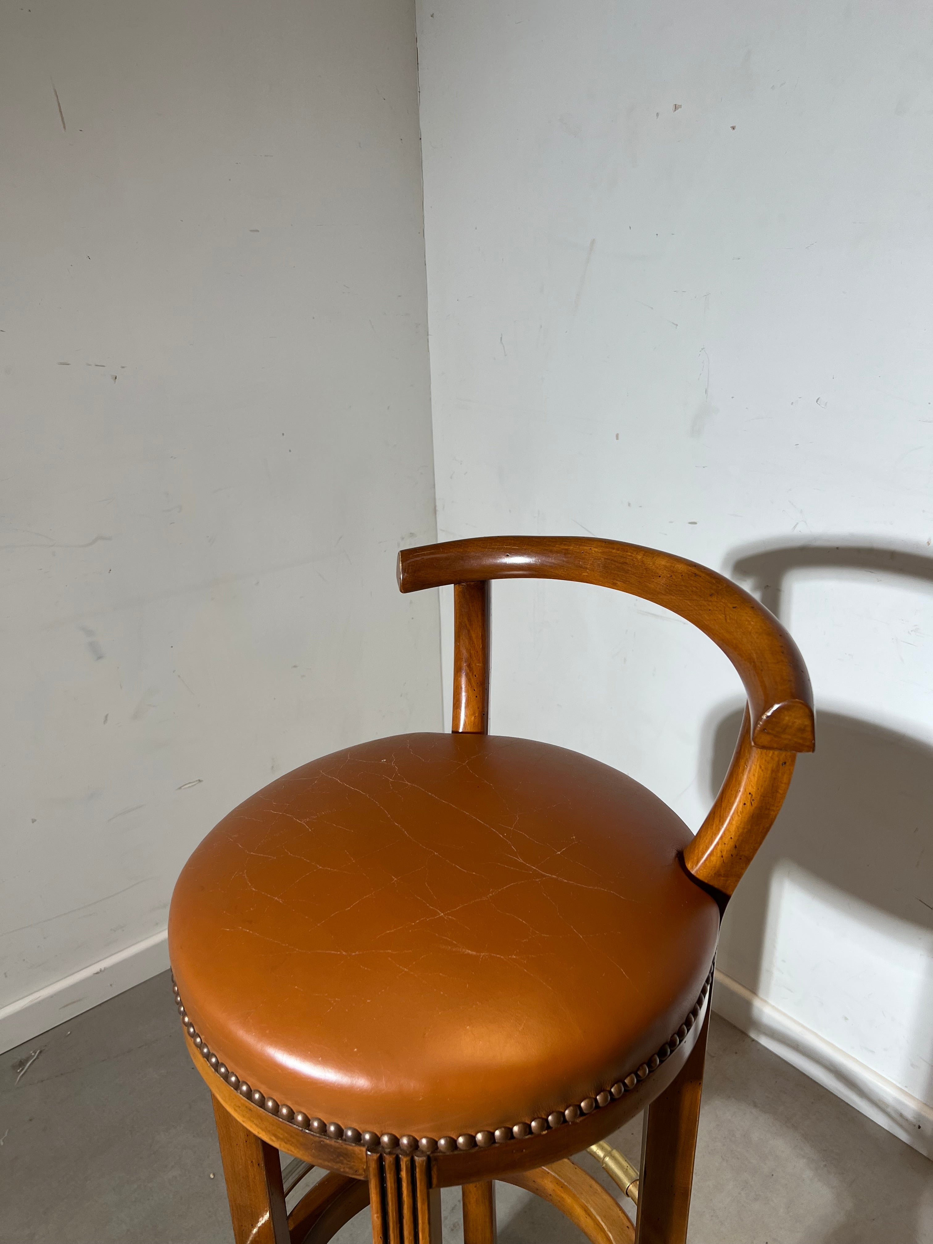 Vintage Wooden Bar Stool with Leather Seat & Brass Footrest