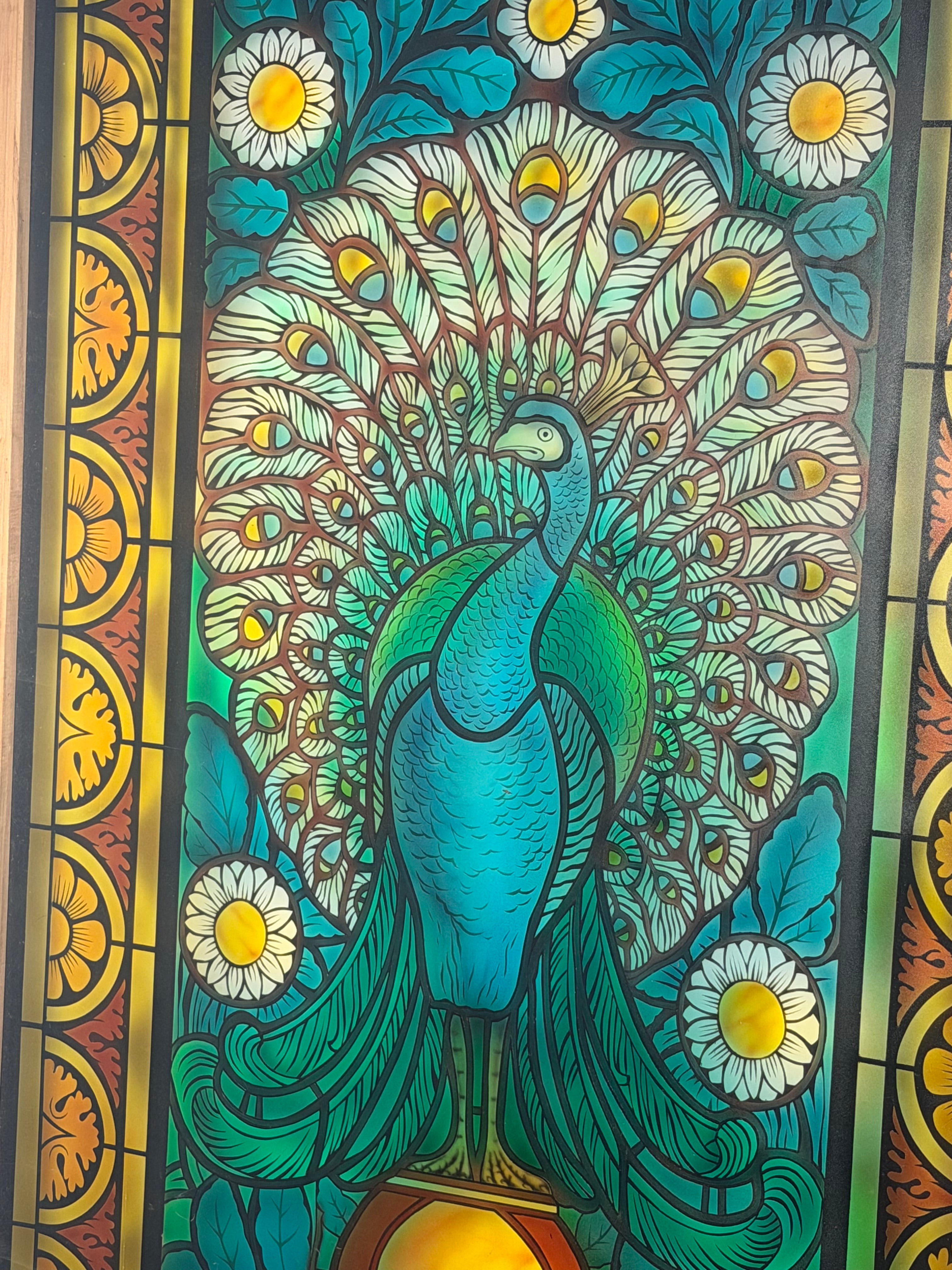 Large Decorative Stained Glass Peacock Panel