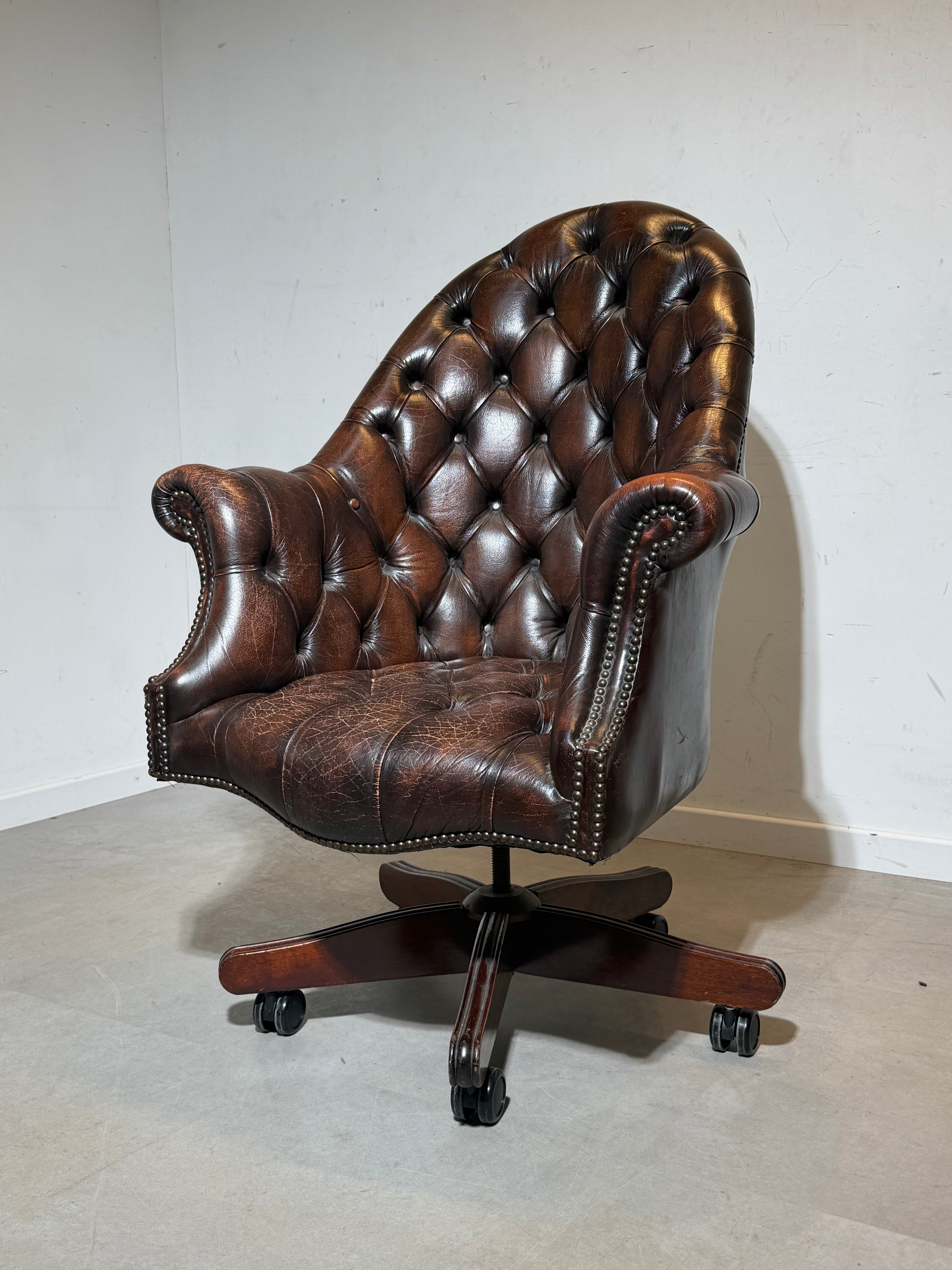 Chesterfield Directors Desk Chair in Brown Leather – Adjustable Height