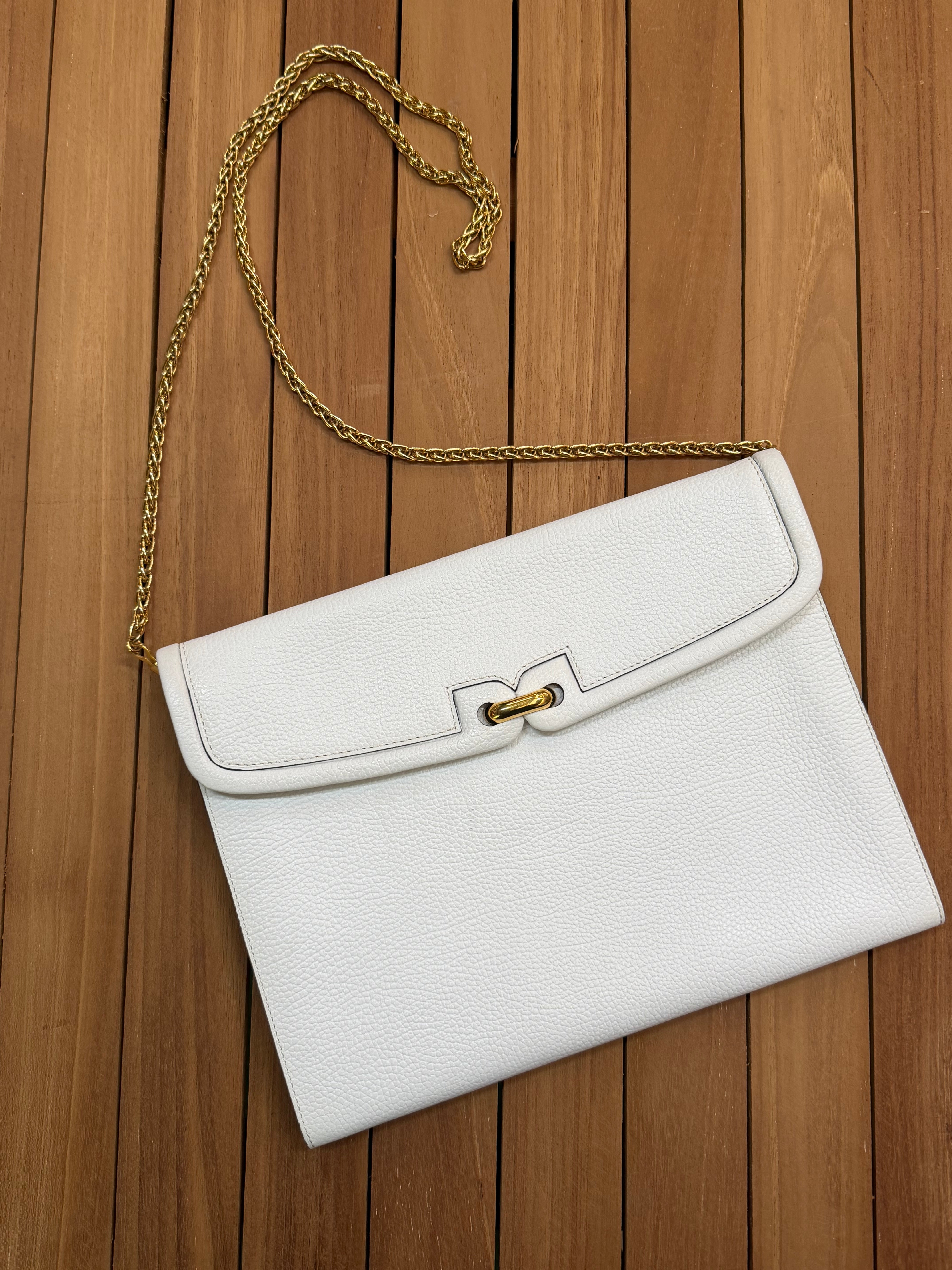 Vintage Delvaux White Leather Clutch Bag with Chain Strap