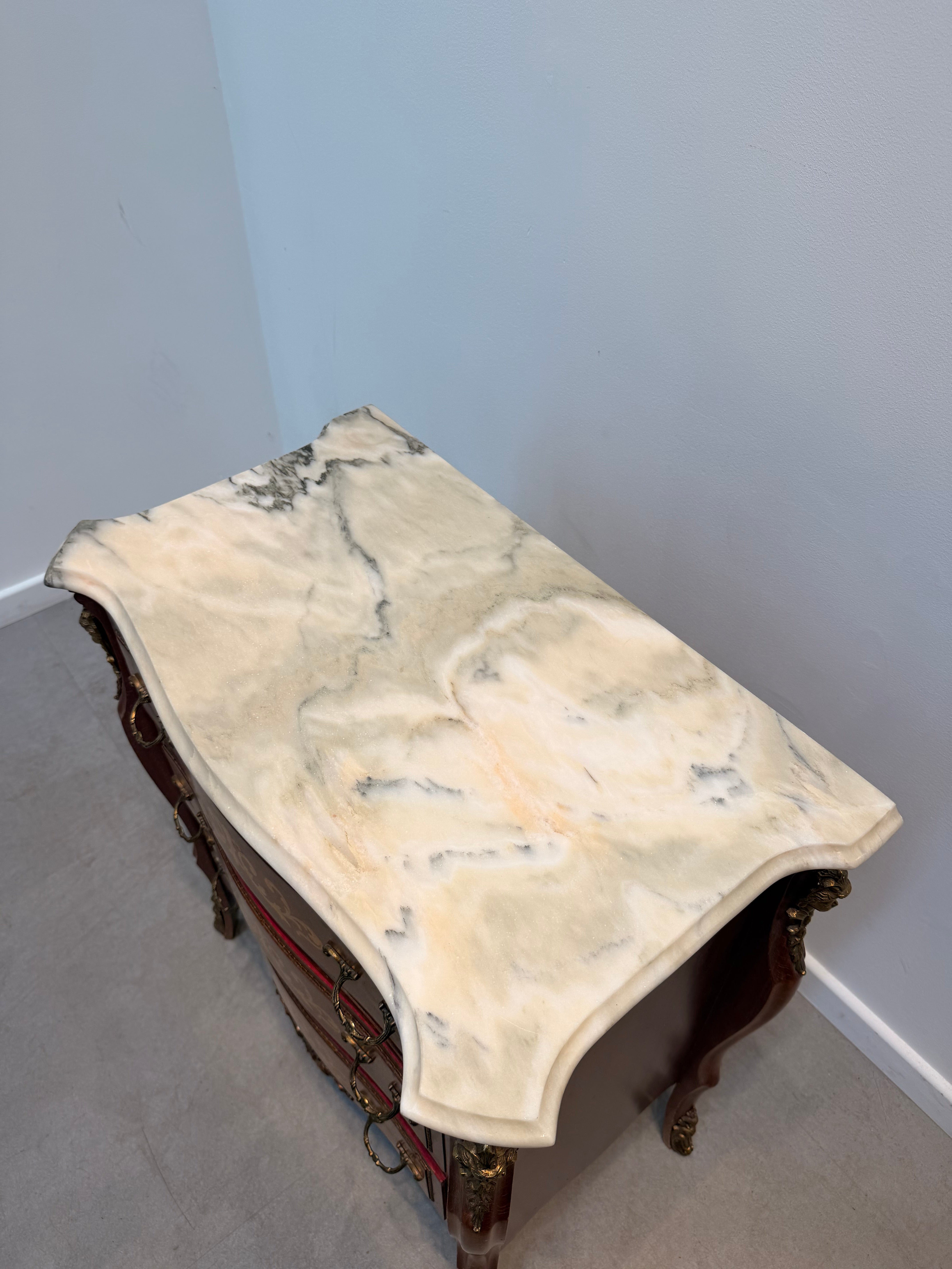 French Louis XV Style Marquetry Commode with Marble Top