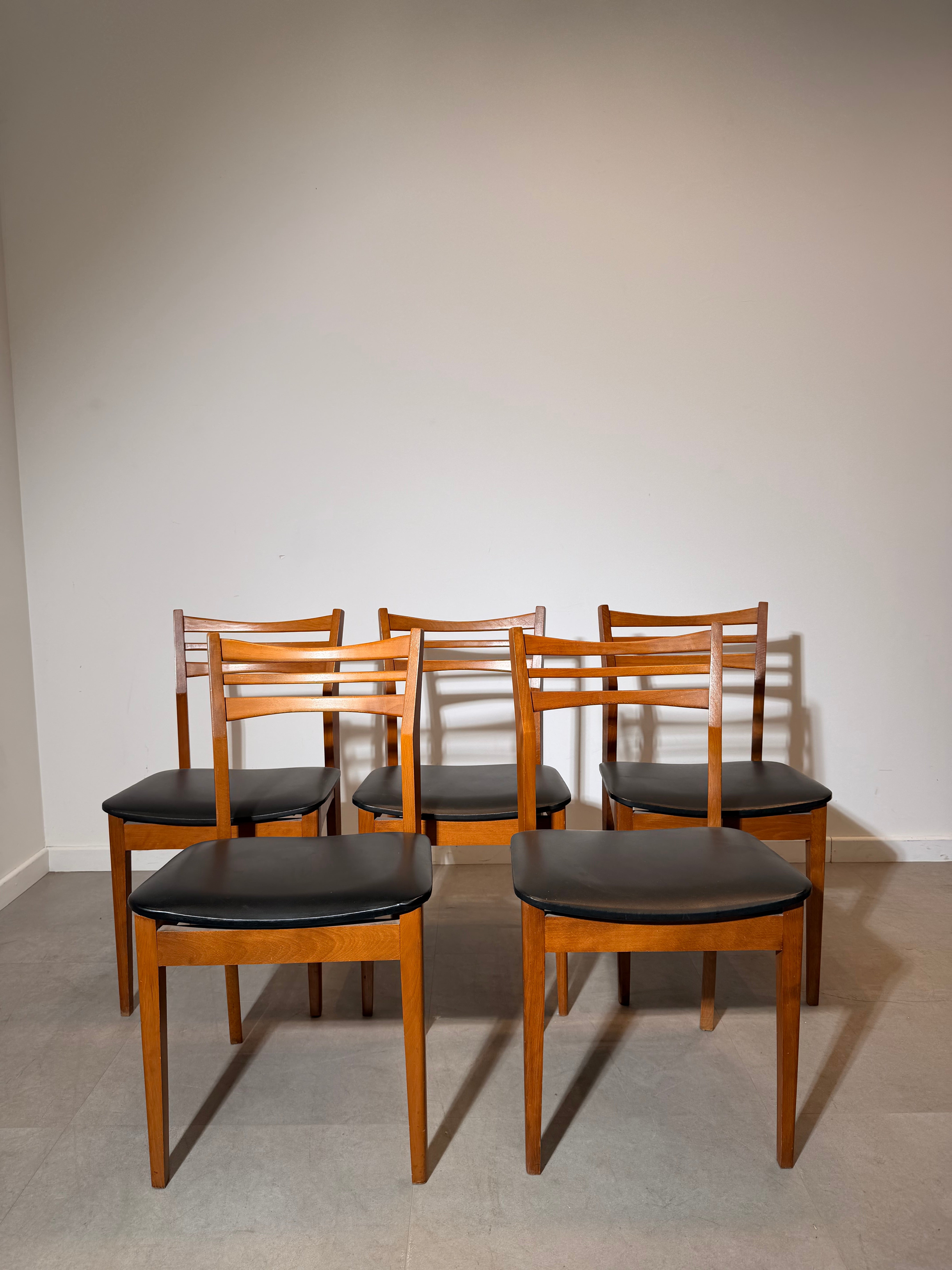 Mid-Century Wooden Dining Chair – Black Skai Leather