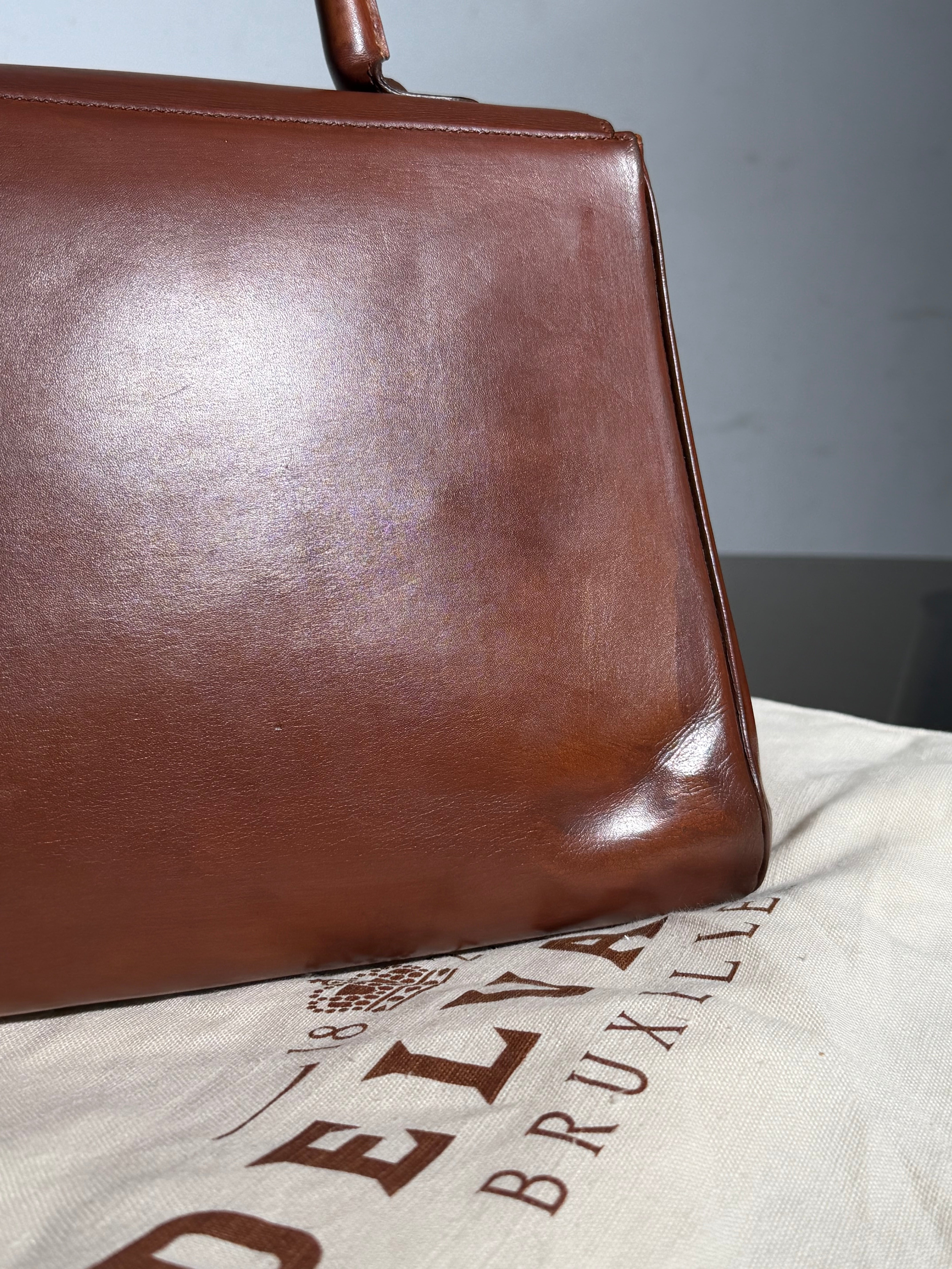 Delvaux Brillant MM Handbag Cognac Brown Leather With Mirror & Dustbag