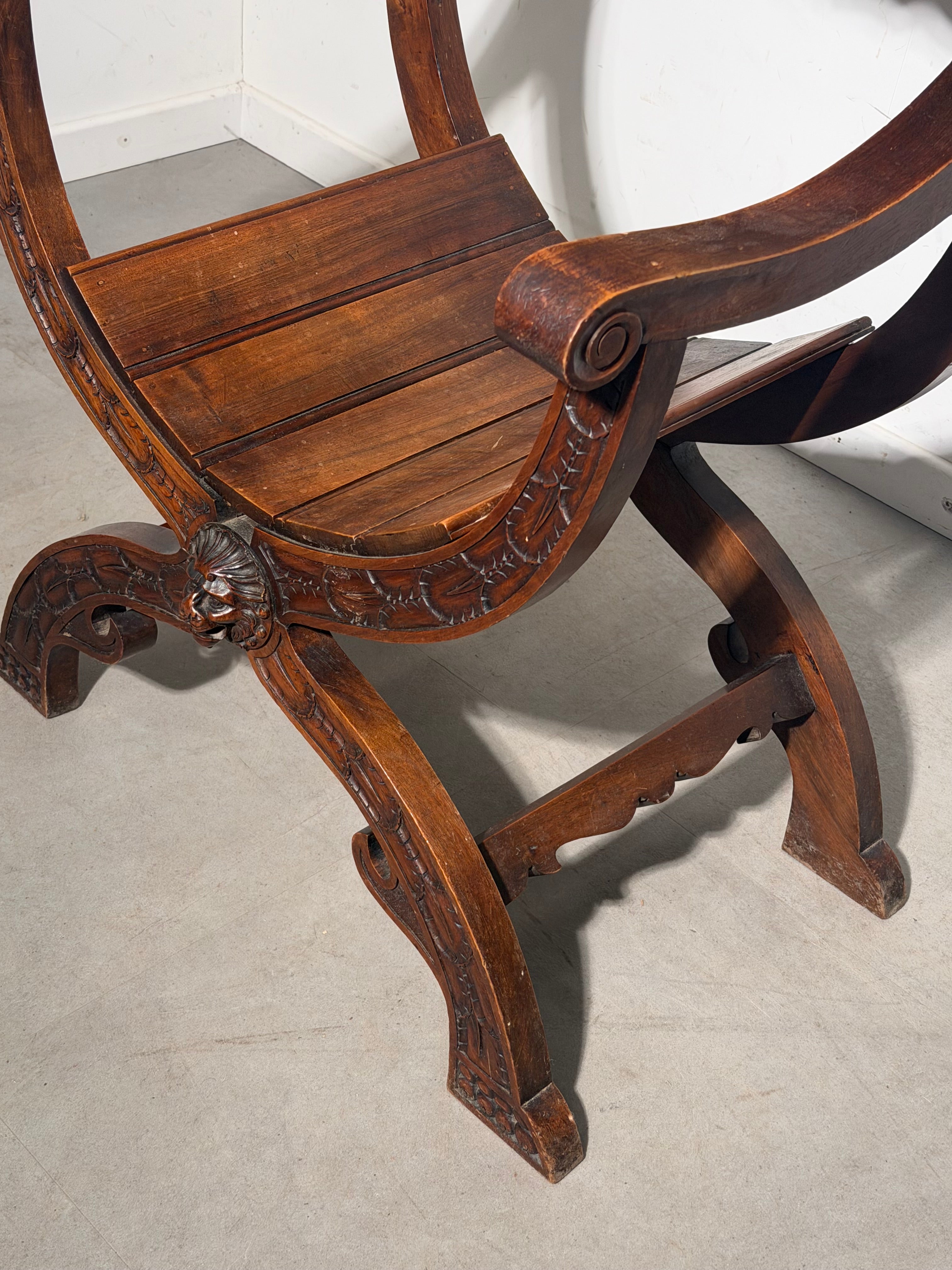 Antique Renaissance Revival Savonarola Chair – Hand-Carved Oak – 105 cm