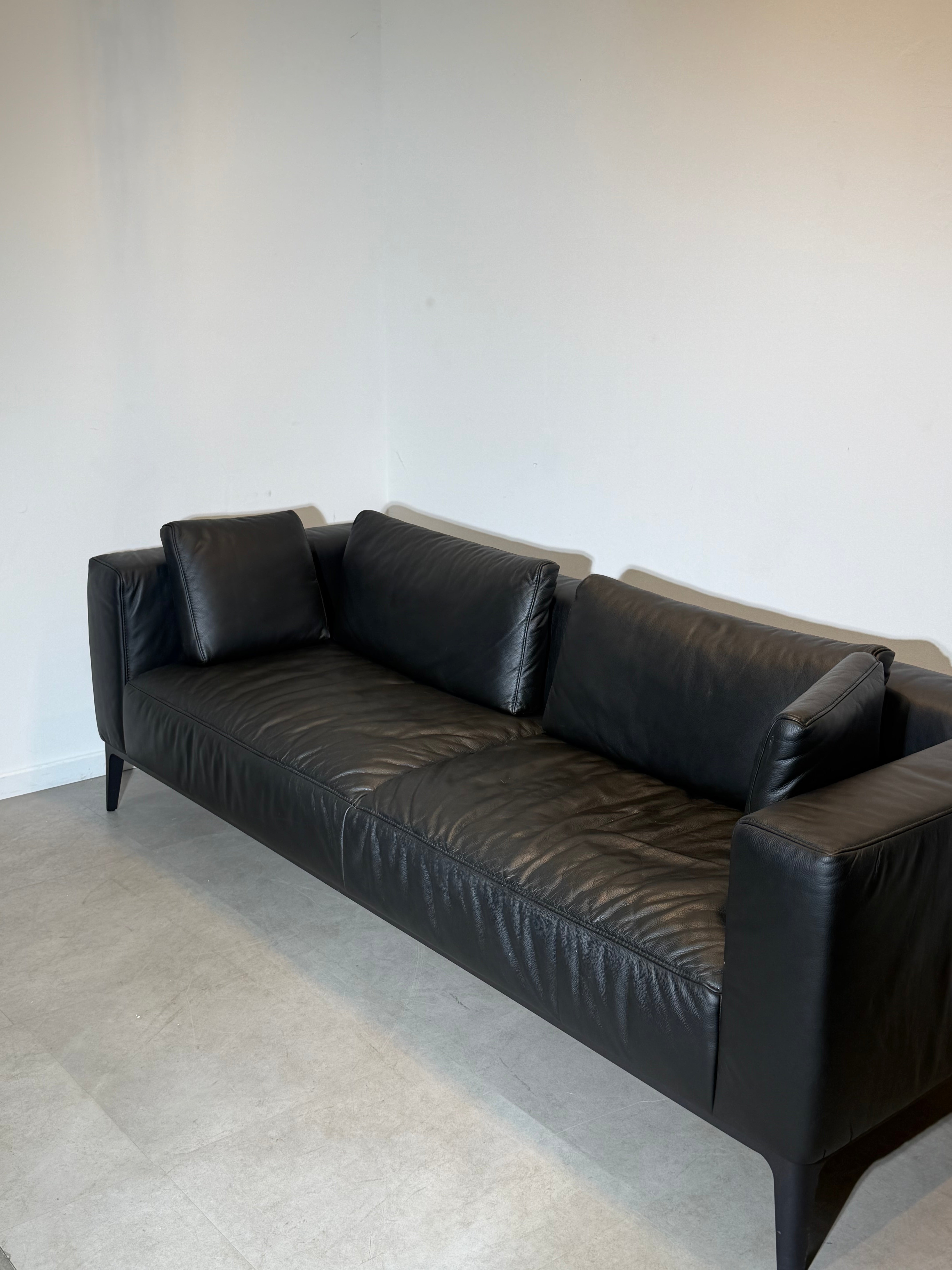 Indera Black Leather 3-Seater Sofa