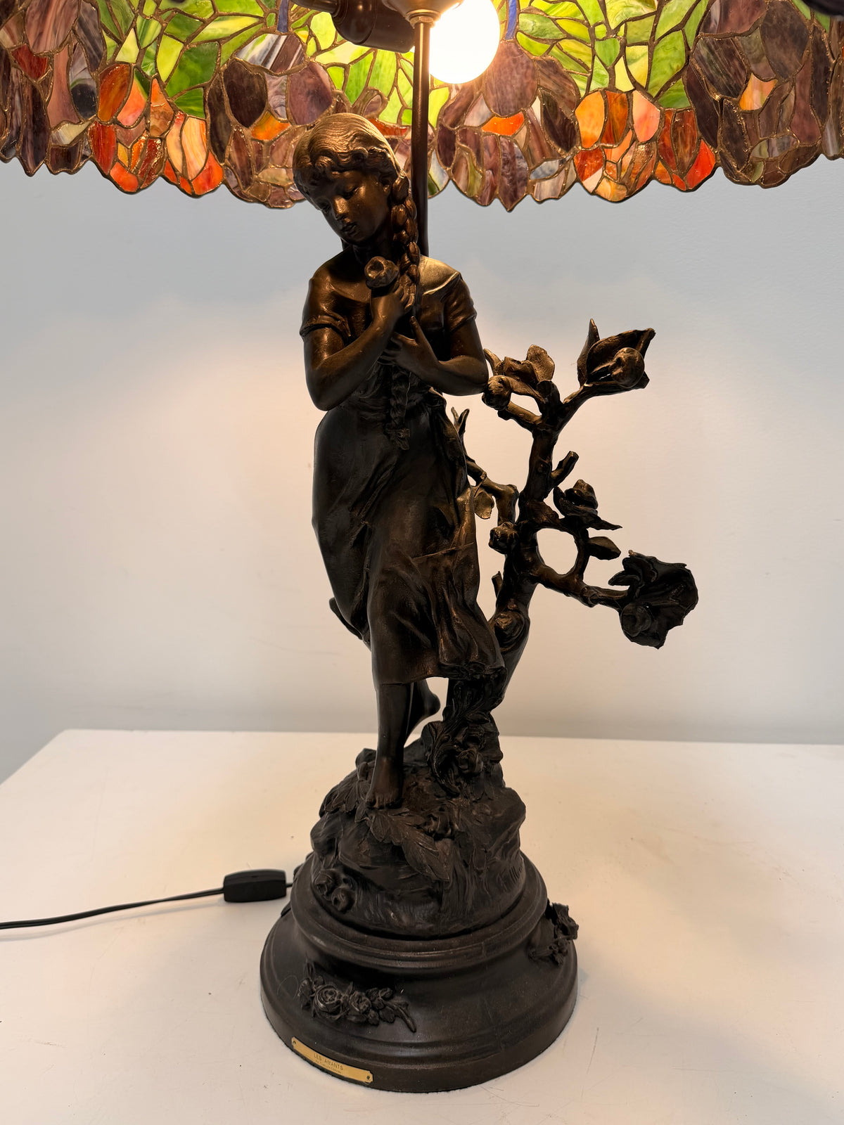 Large Tiffany-Style Stained Glass Table Lamp with Sculptural Female Base