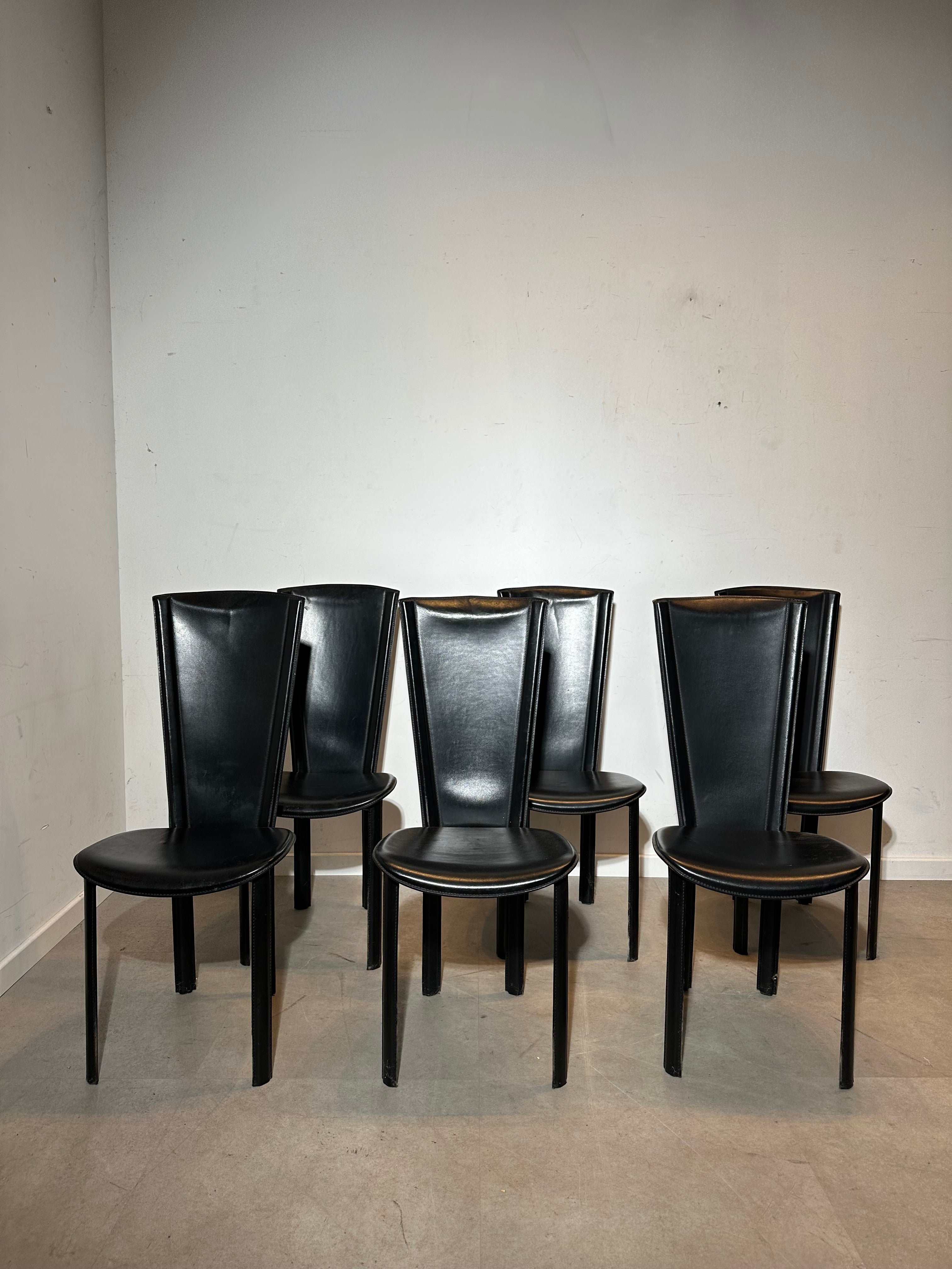Set of Six Black Leather Dining Chairs