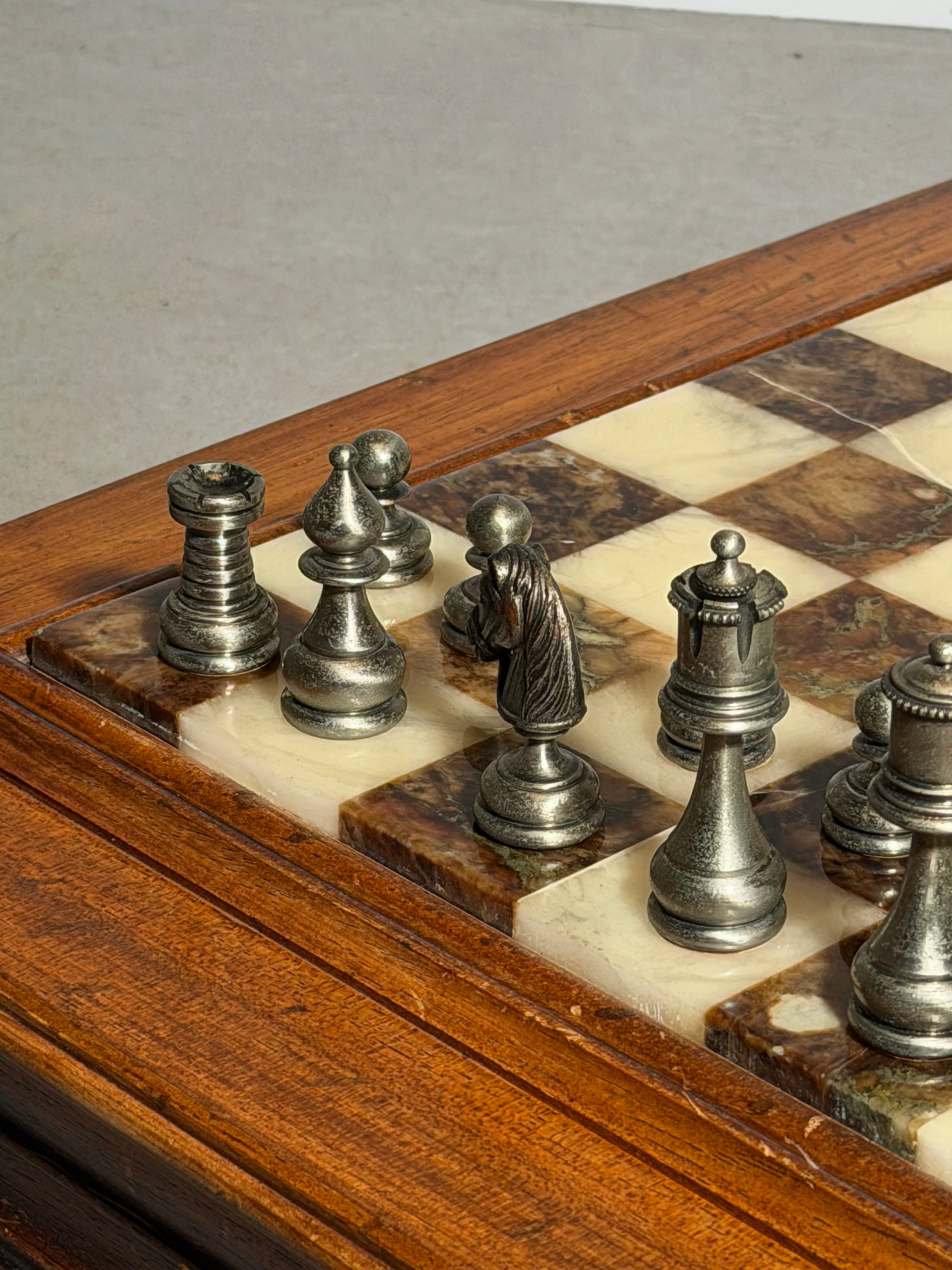 Vintage Marble Chess Set with Metal Pieces & Hidden Storage