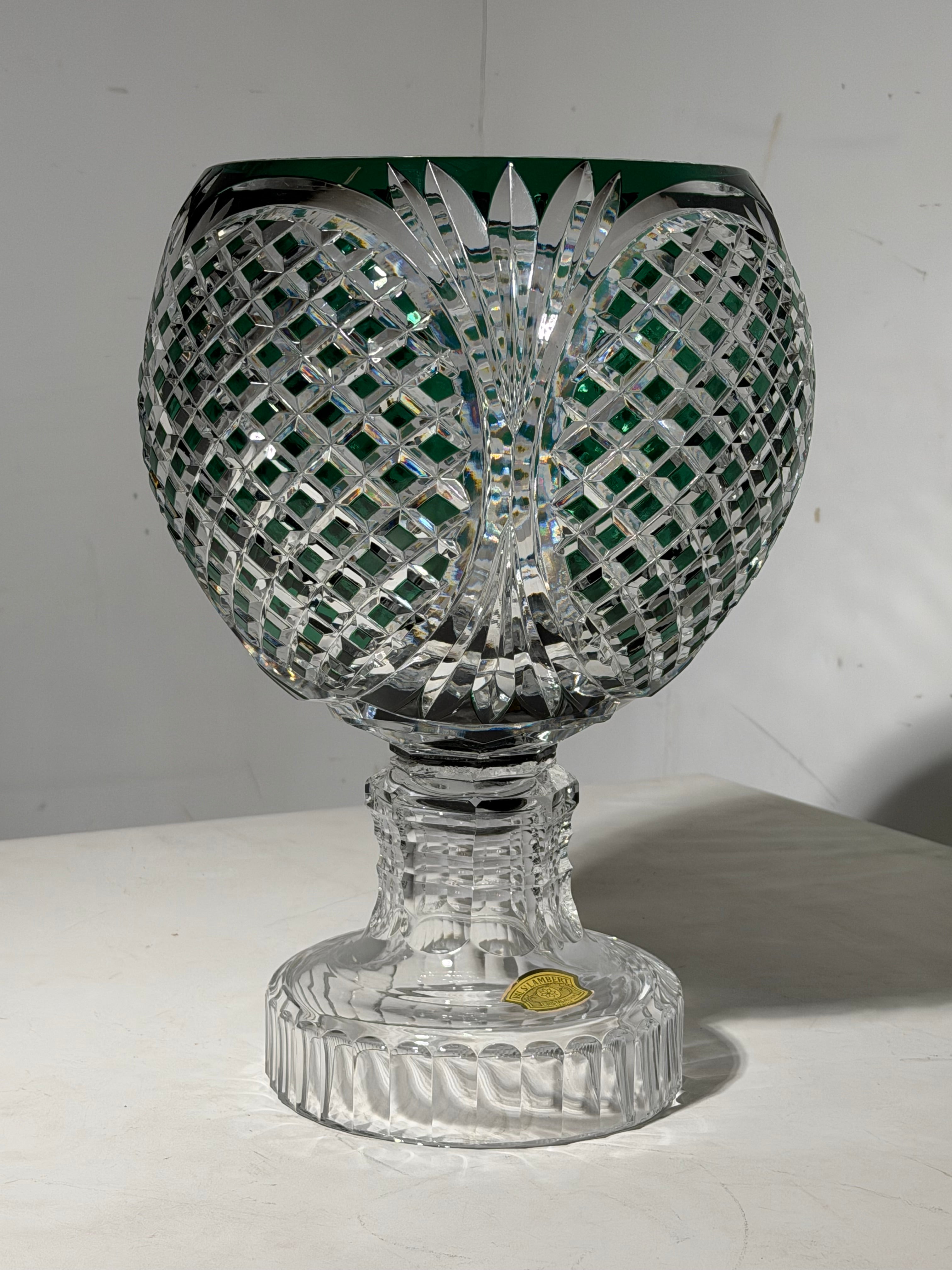 Val Saint Lambert Zorba Crystal Vase – Green Overlay Cut Crystal – H 40 cm
