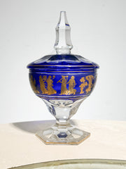 Val Saint Lambert “Danse de Flore” crystal bonbonnière – cobalt blue & gilt – H24 cm