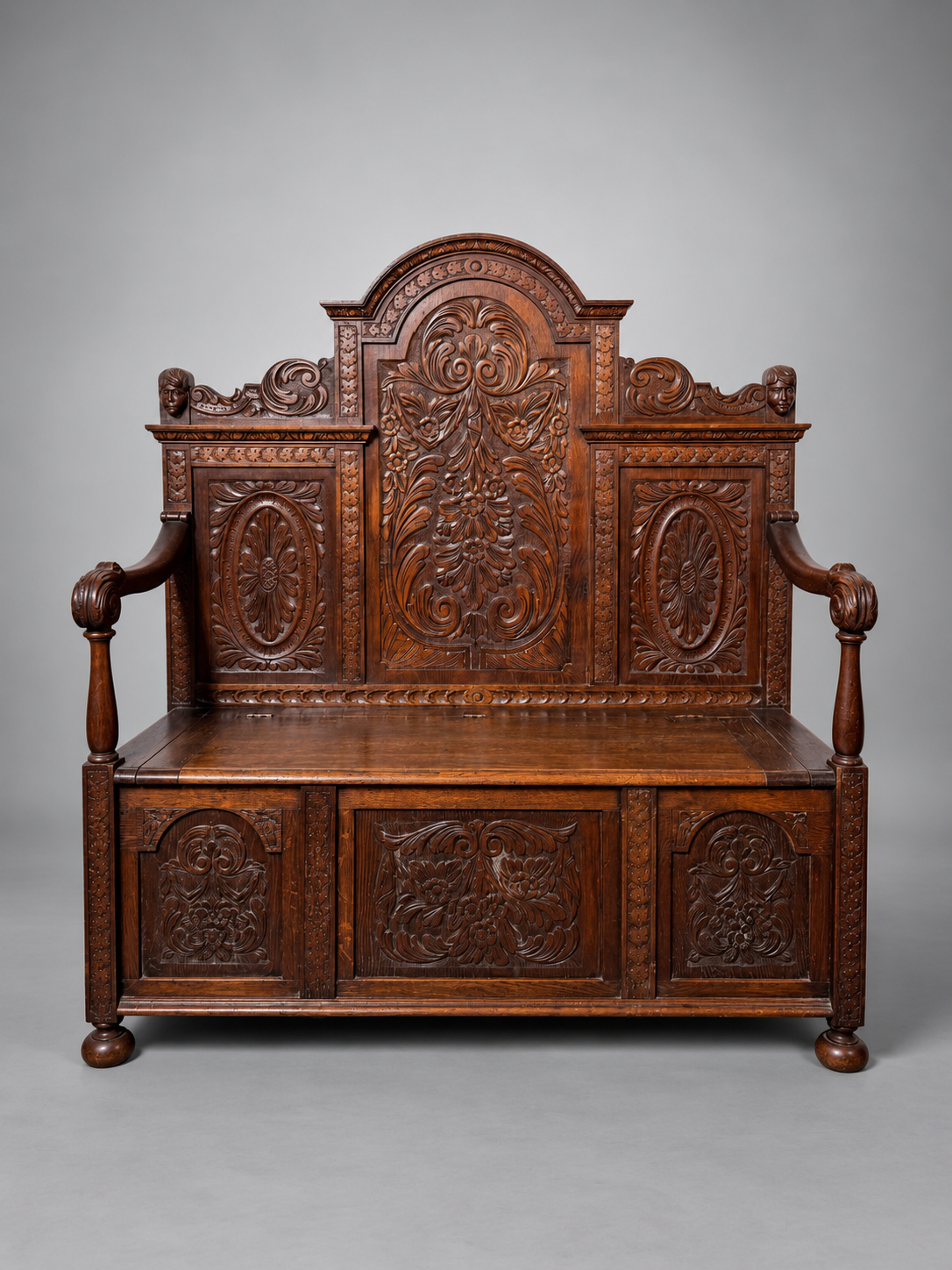 Antique Carved Oak Hall Bench with Storage