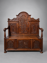 Antique Carved Oak Hall Bench with Storage