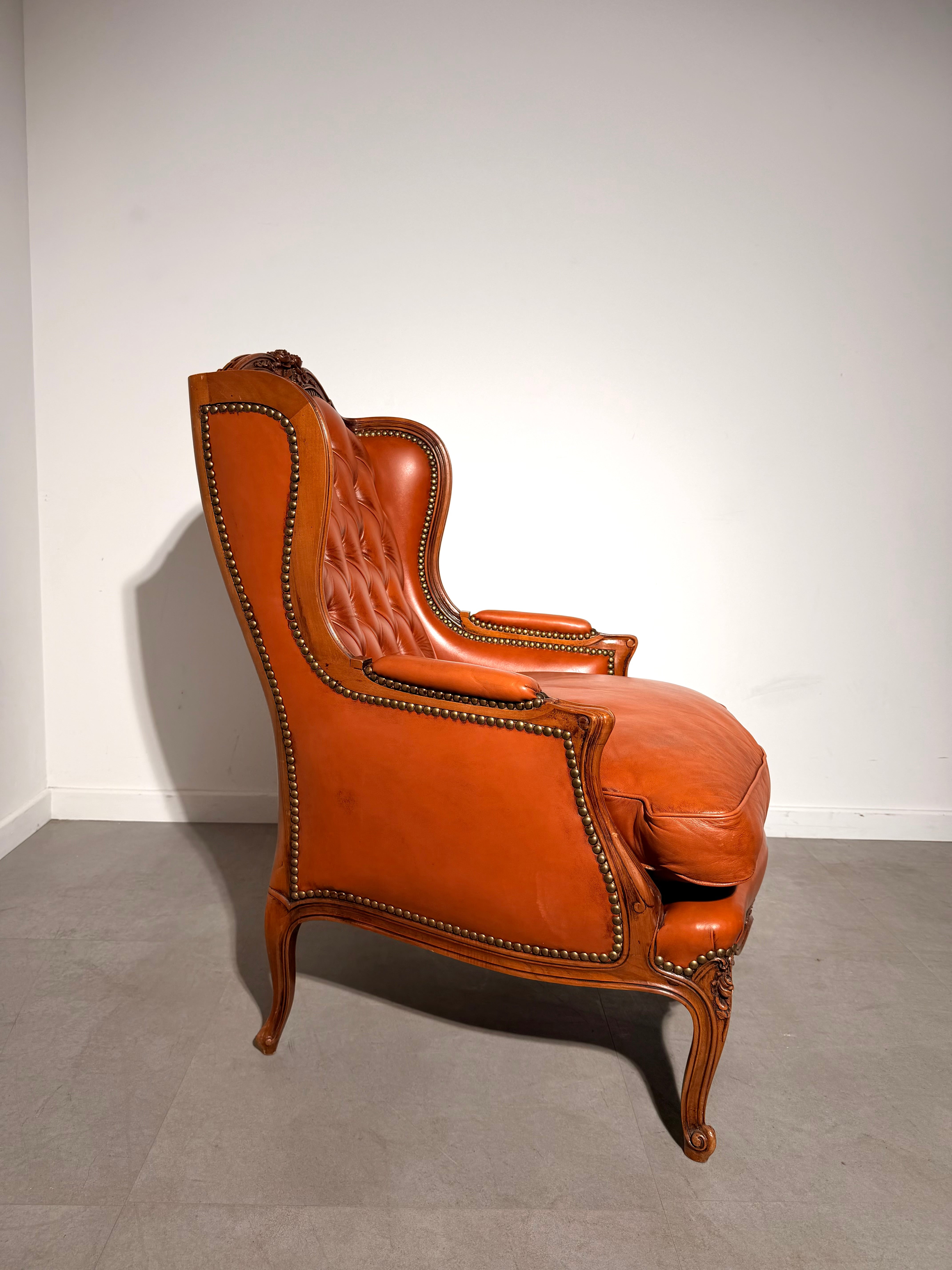 Antique Cognac Leather Bergère Armchair