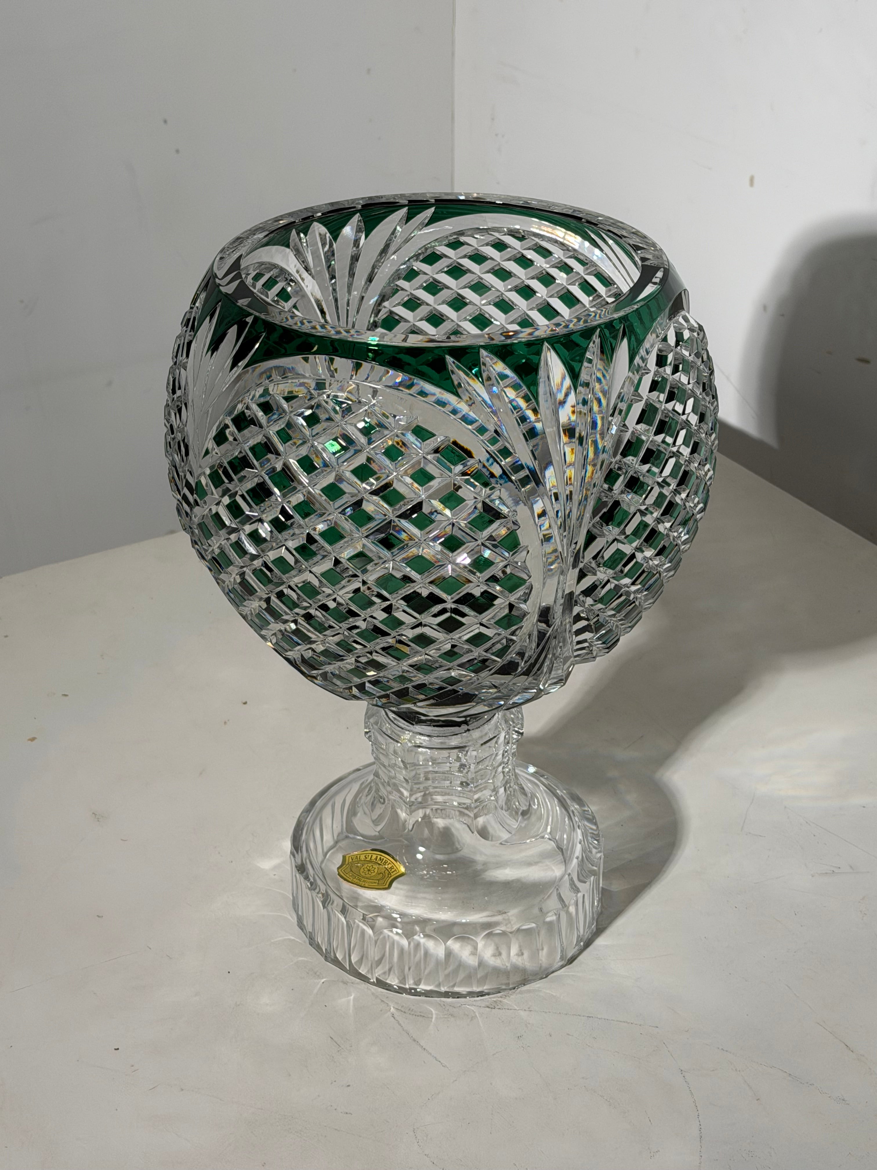 Val Saint Lambert Zorba Crystal Vase – Green Overlay Cut Crystal – H 40 cm